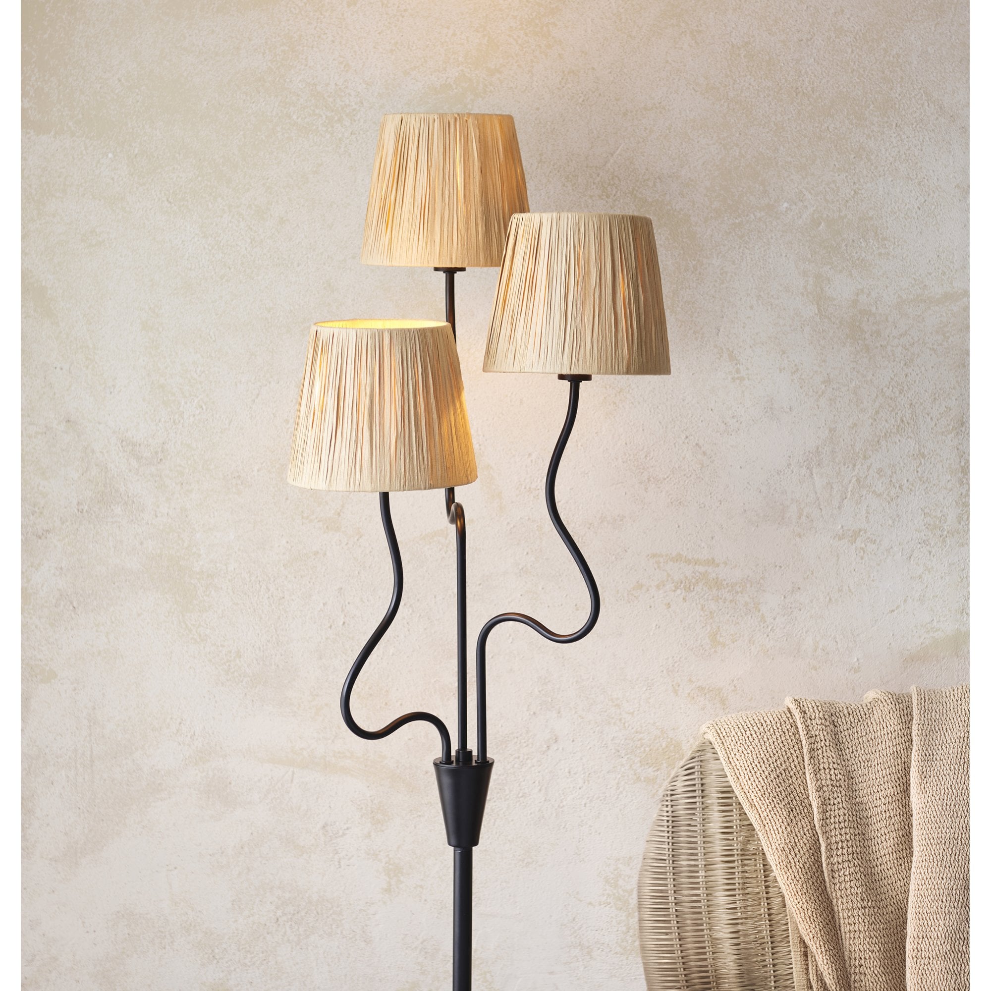 114221 Wriggle 3 Light Floor Lamp Black & Natural Shade