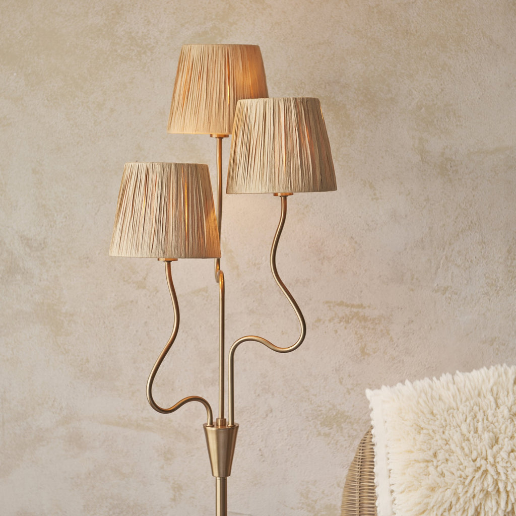 114222 Wriggle 3 Light Floor Lamp Aged Brass & Natural Shade