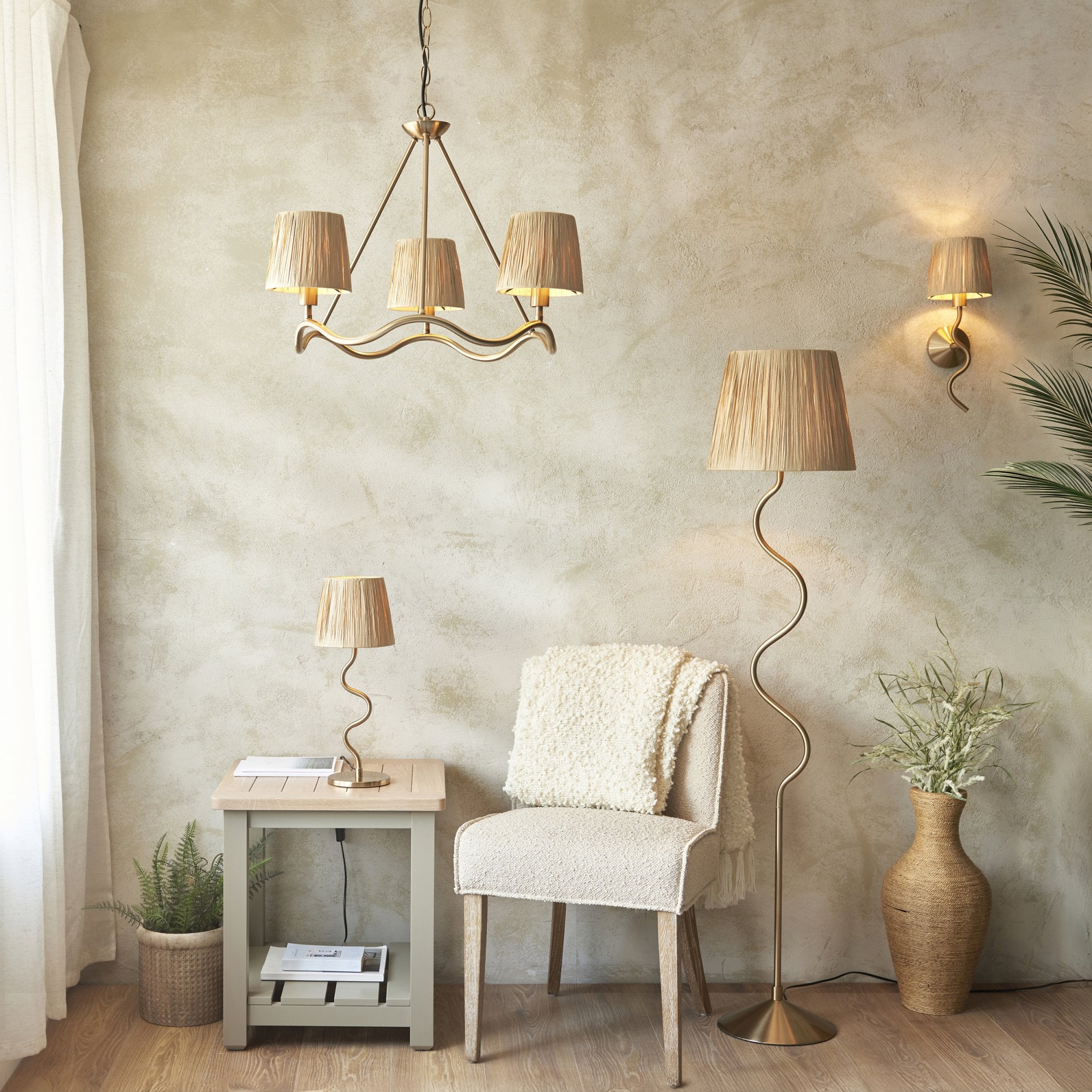 114222 Wriggle 3 Light Floor Lamp Aged Brass & Natural Shade