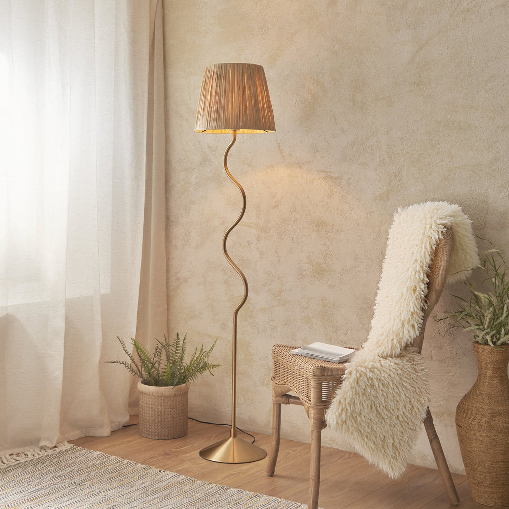 114224 Wriggle Floor Lamp Aged Brass & Natural Shade