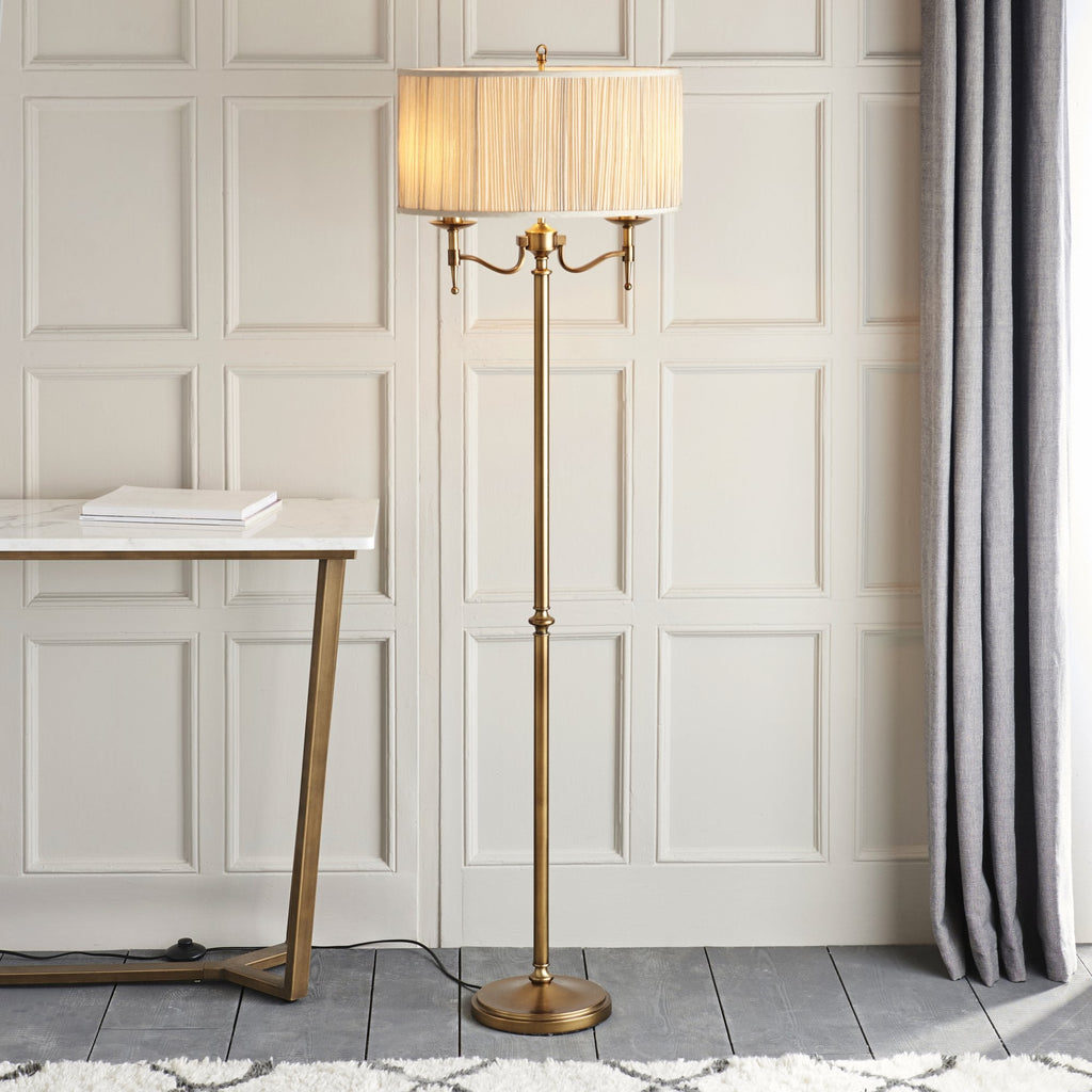 63620 Stanford Antique Brass Floor Lamp Beige Shade