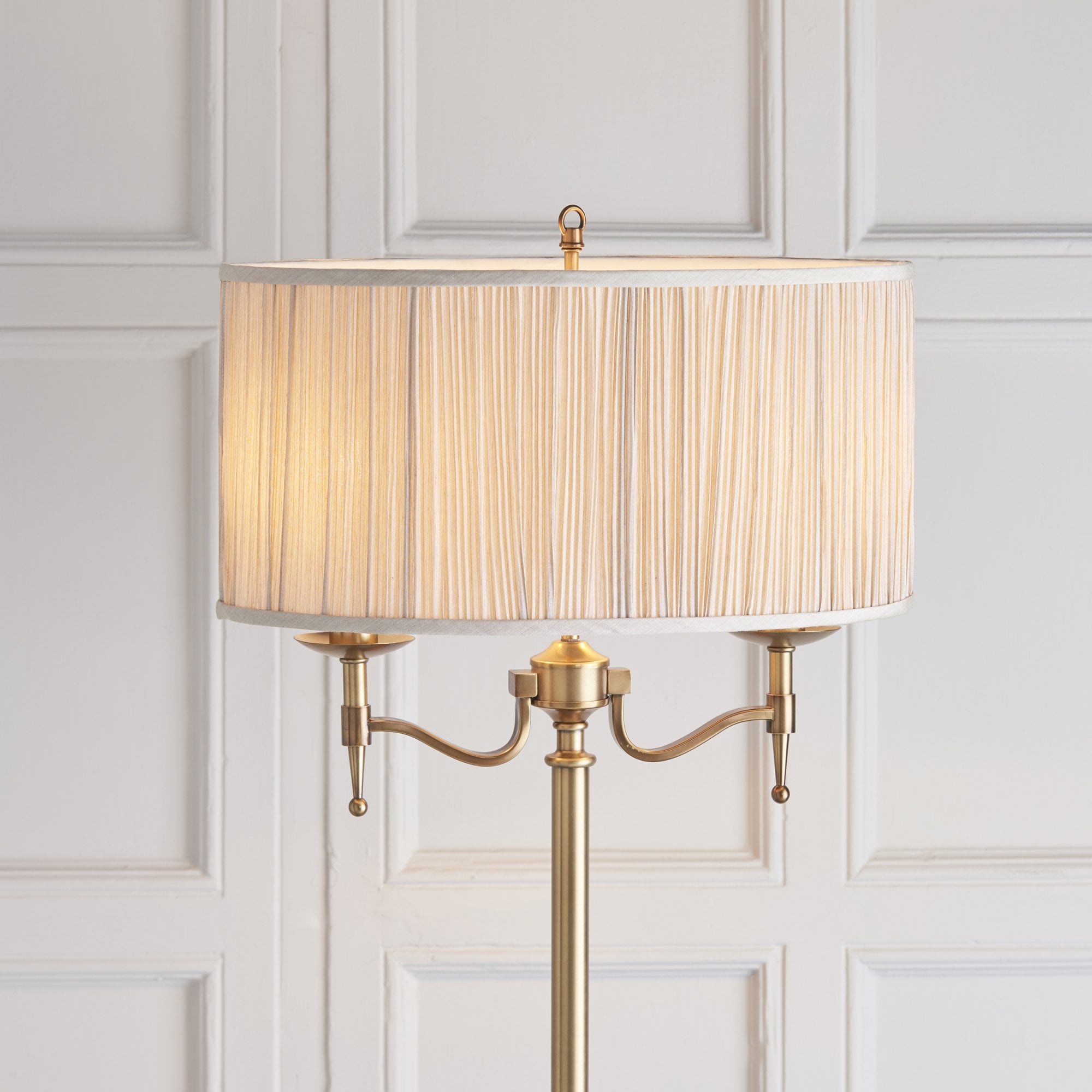 63620 Stanford Antique Brass Floor Lamp Beige Shade