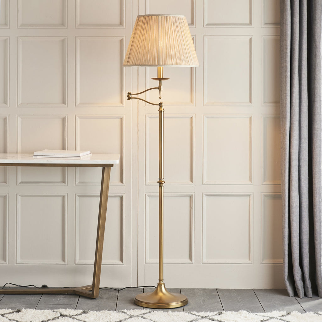 63621 Stanford Antique Brass Swing Arm Floor Lamp Beige Shade