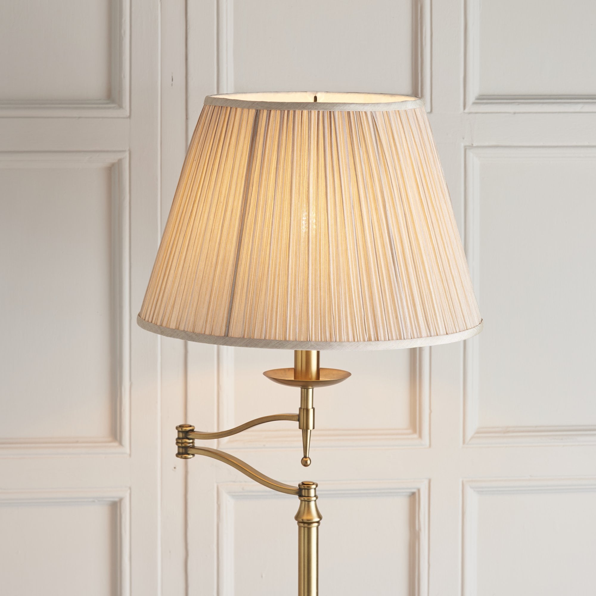 63621 Stanford Antique Brass Swing Arm Floor Lamp Beige Shade