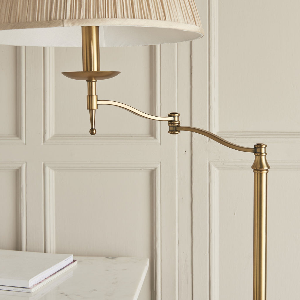 63621 Stanford Antique Brass Swing Arm Floor Lamp Beige Shade