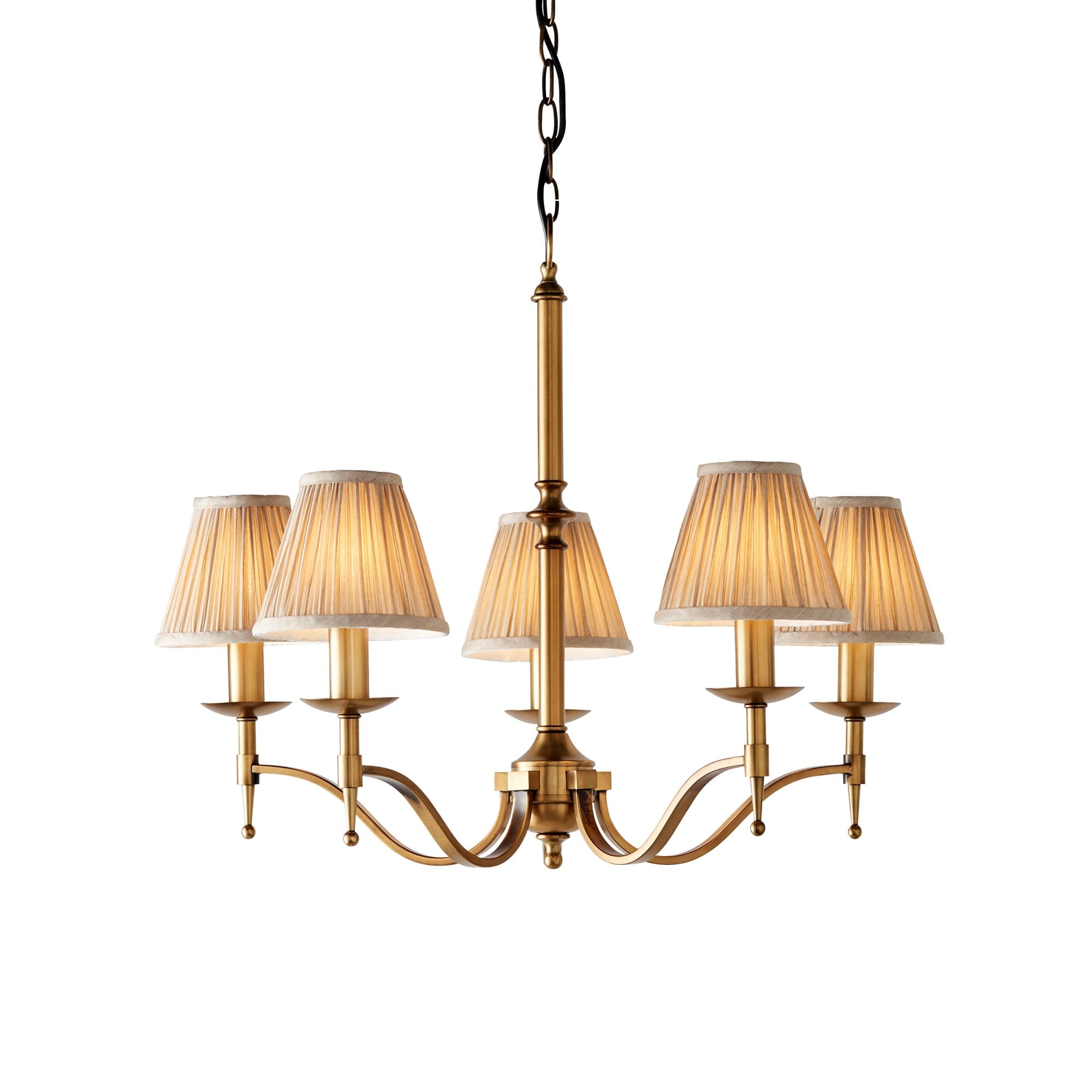 63627 Stanford Antique Brass 5 Light Pendant Beige Shades