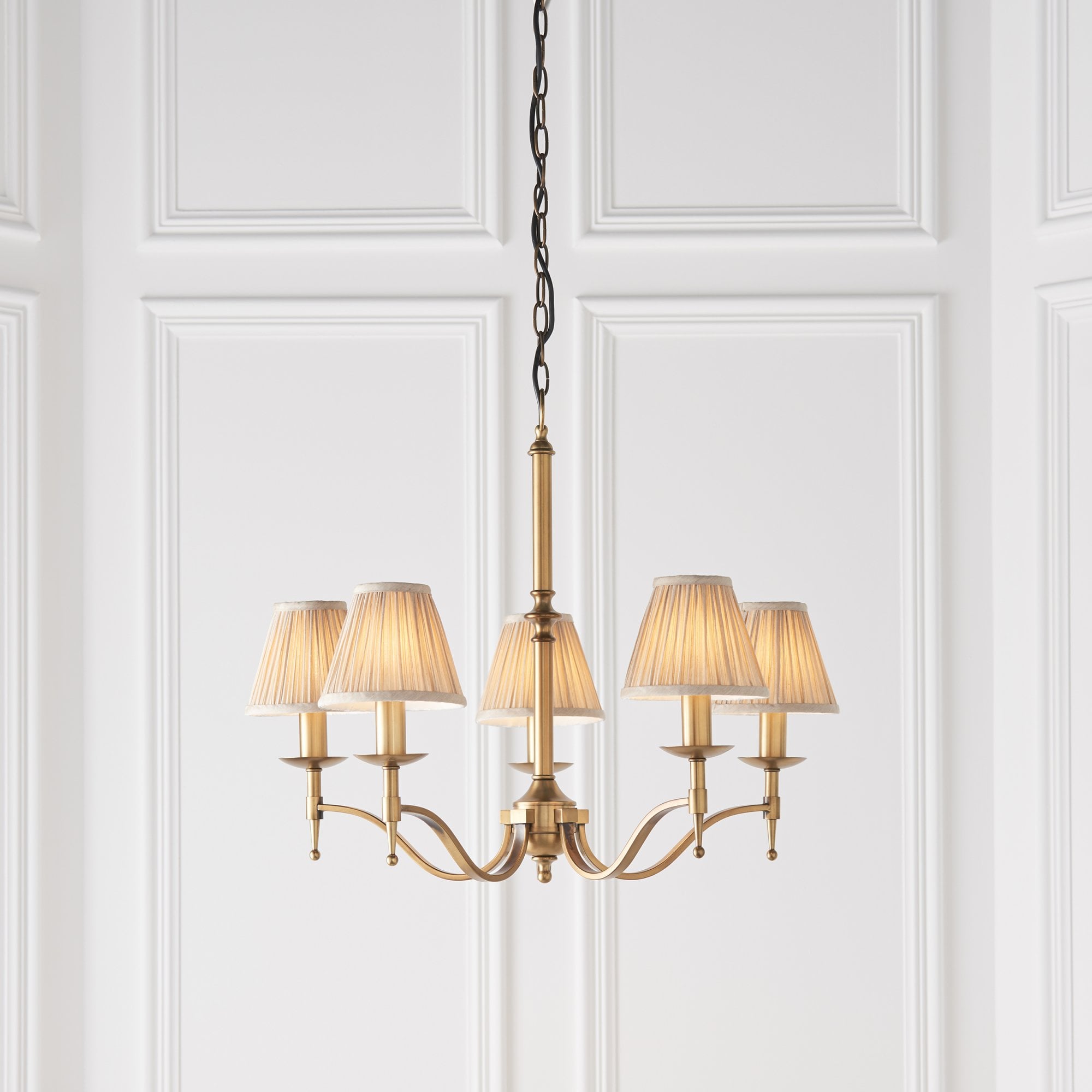 63627 Stanford Antique Brass 5 Light Pendant Beige Shades