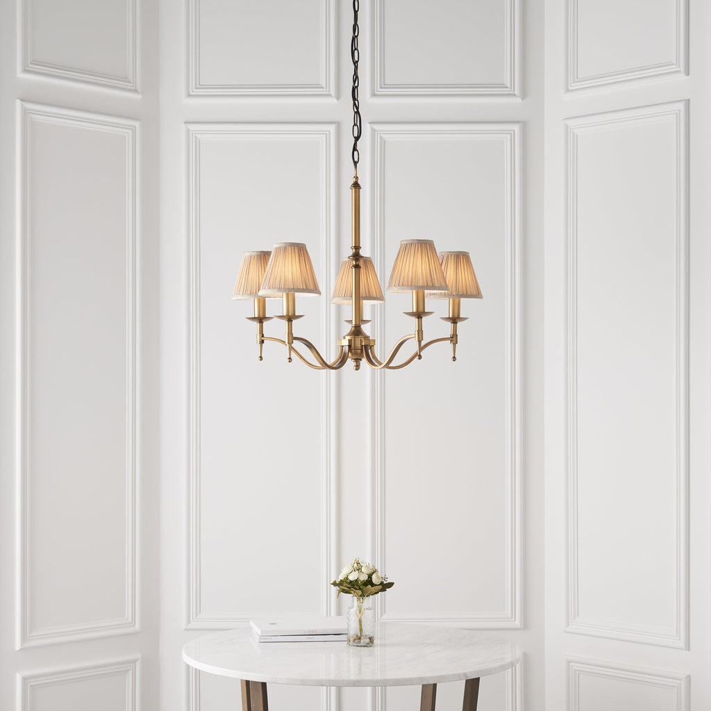 63627 Stanford Antique Brass 5 Light Pendant Beige Shades
