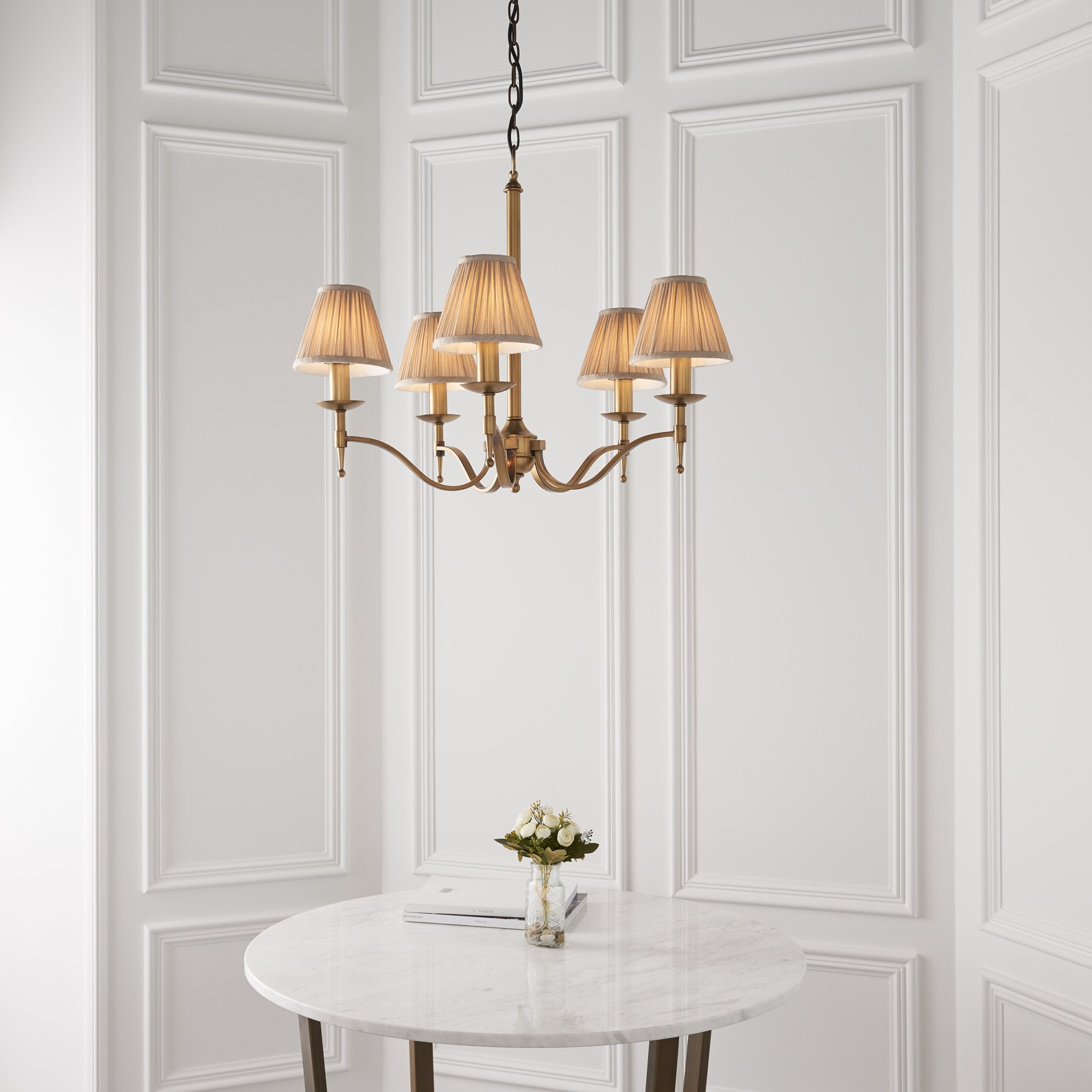 63627 Stanford Antique Brass 5 Light Pendant Beige Shades