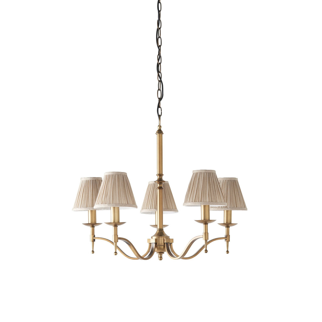 63627 Stanford Antique Brass 5 Light Pendant Beige Shades