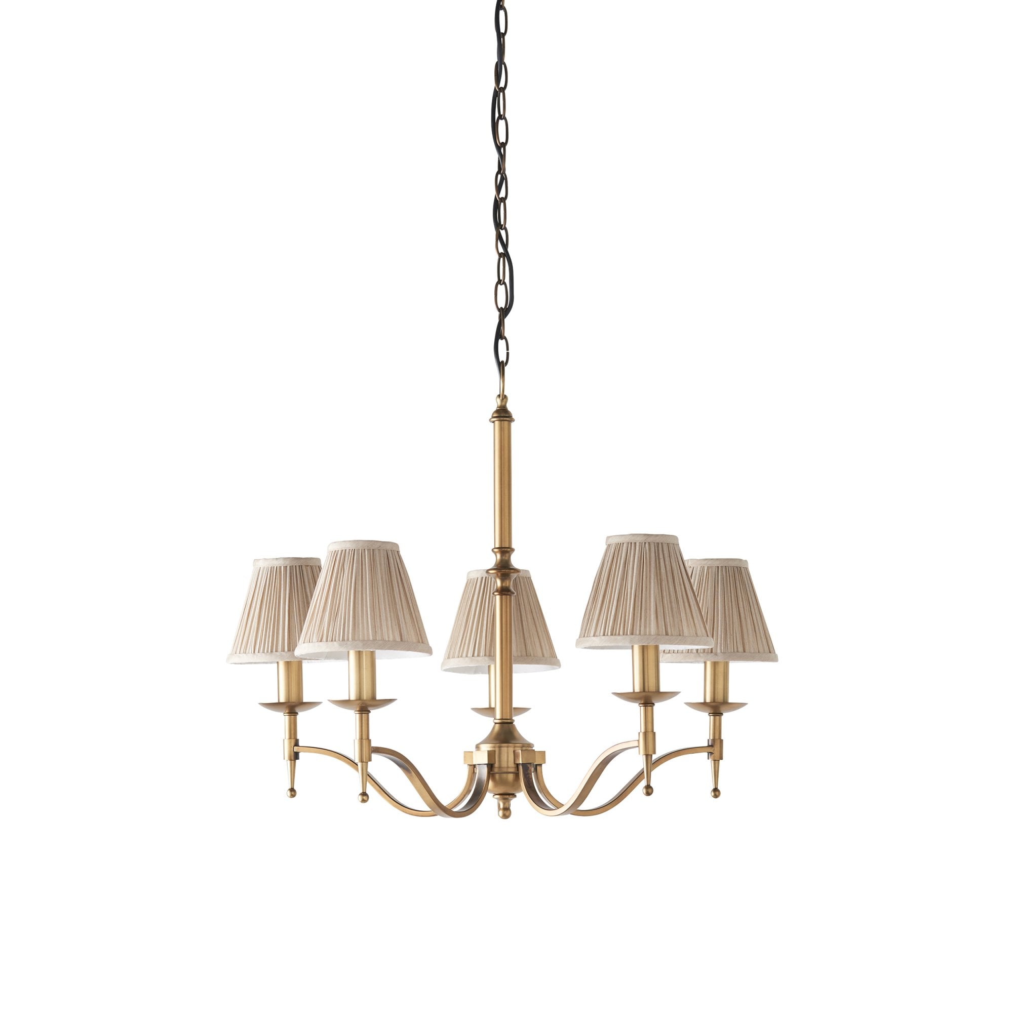 63627 Stanford Antique Brass 5 Light Pendant Beige Shades
