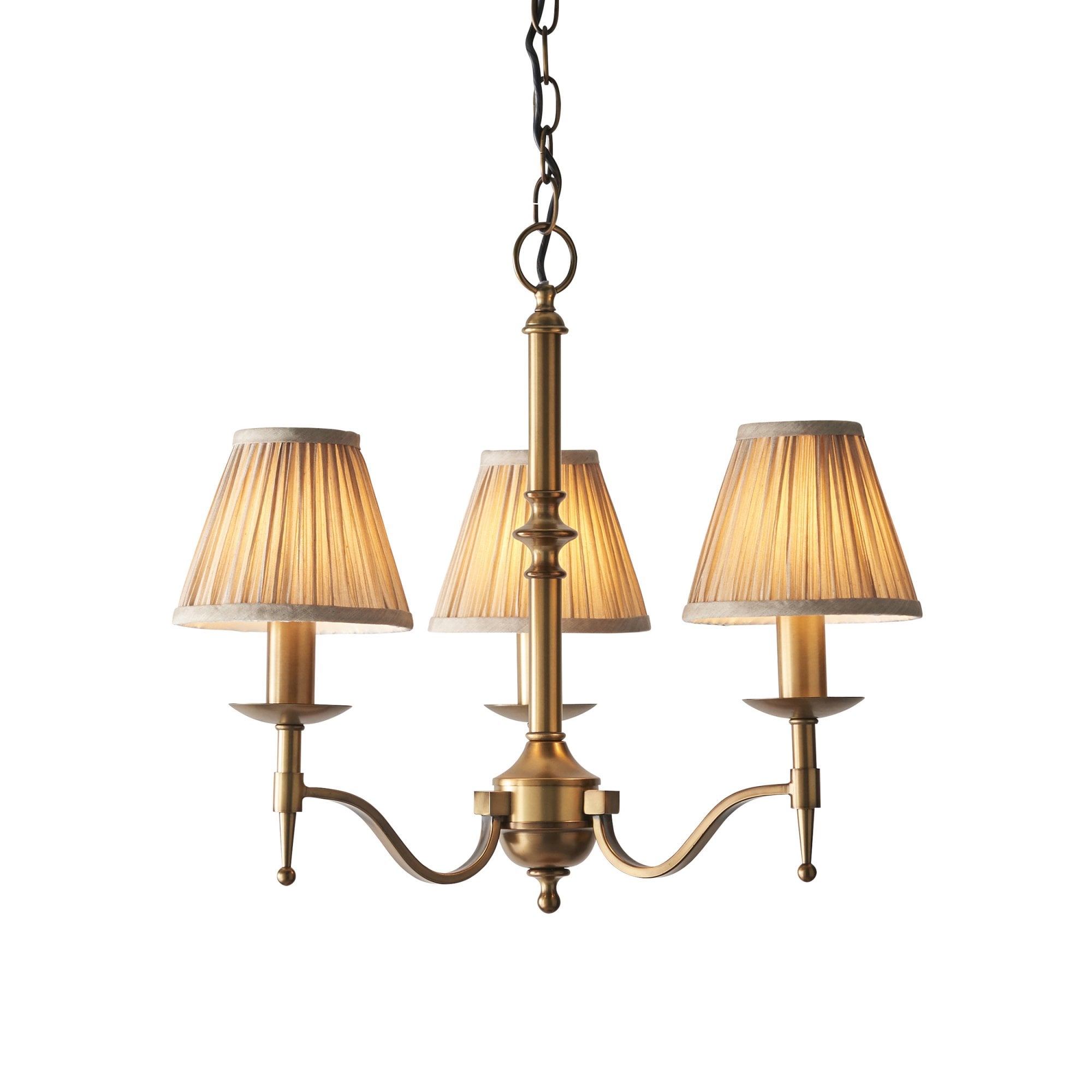 63628 Stanford Antique Brass 3 Light Pendant Beige Shades