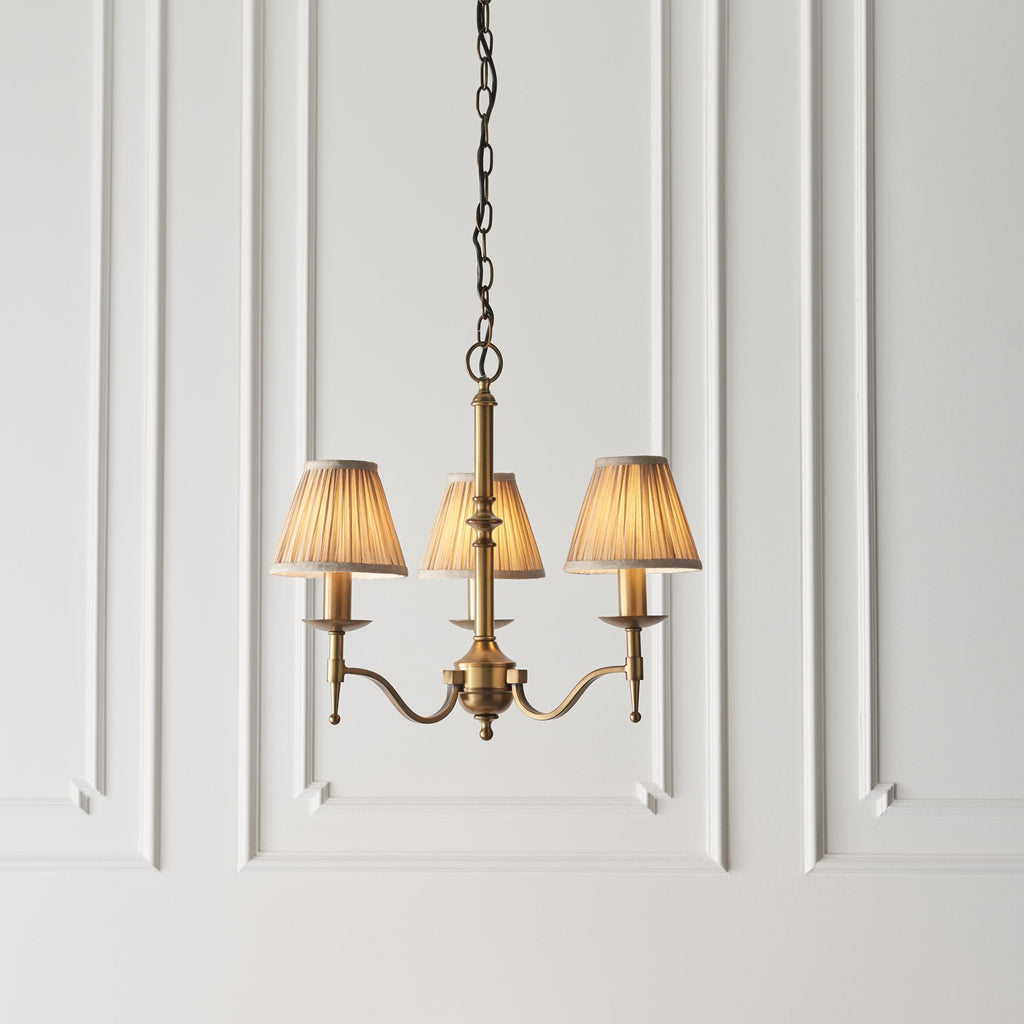 63628 Stanford Antique Brass 3 Light Pendant Beige Shades