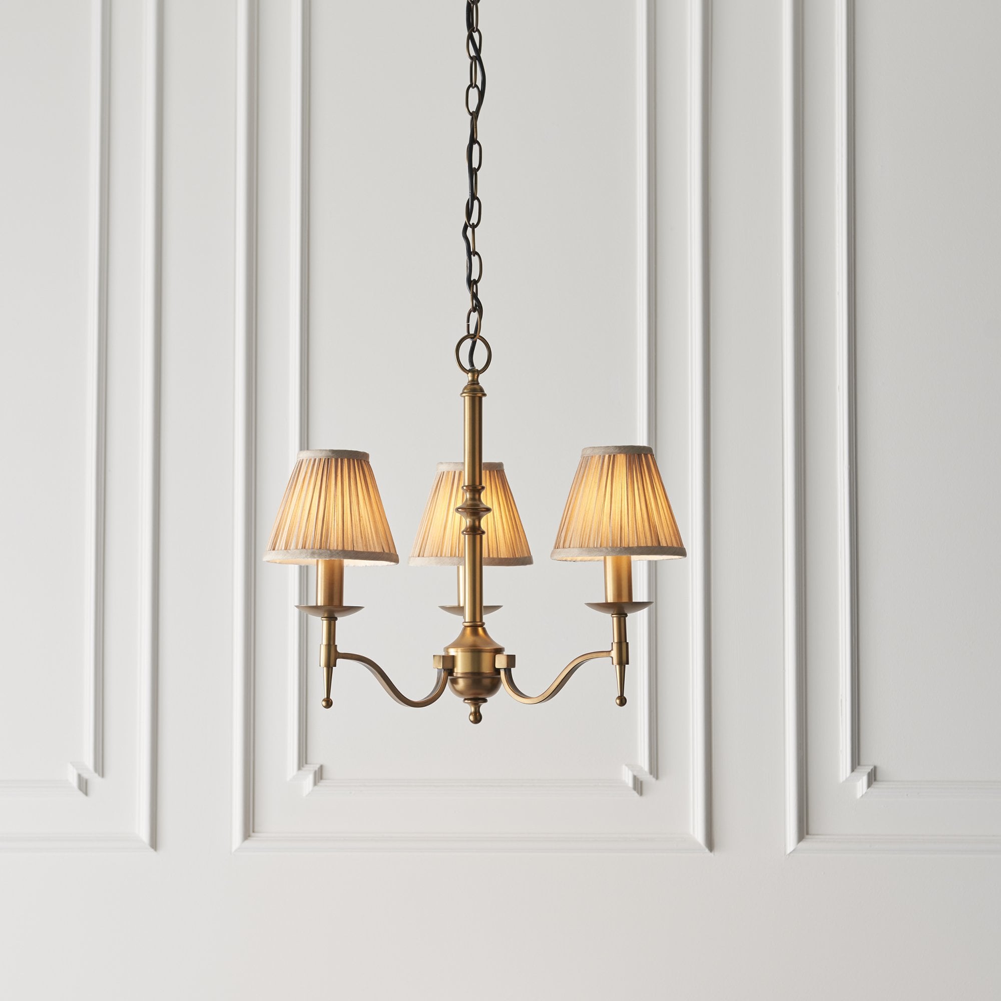 63628 Stanford Antique Brass 3 Light Pendant Beige Shades