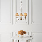 63628 Stanford Antique Brass 3 Light Pendant Beige Shades