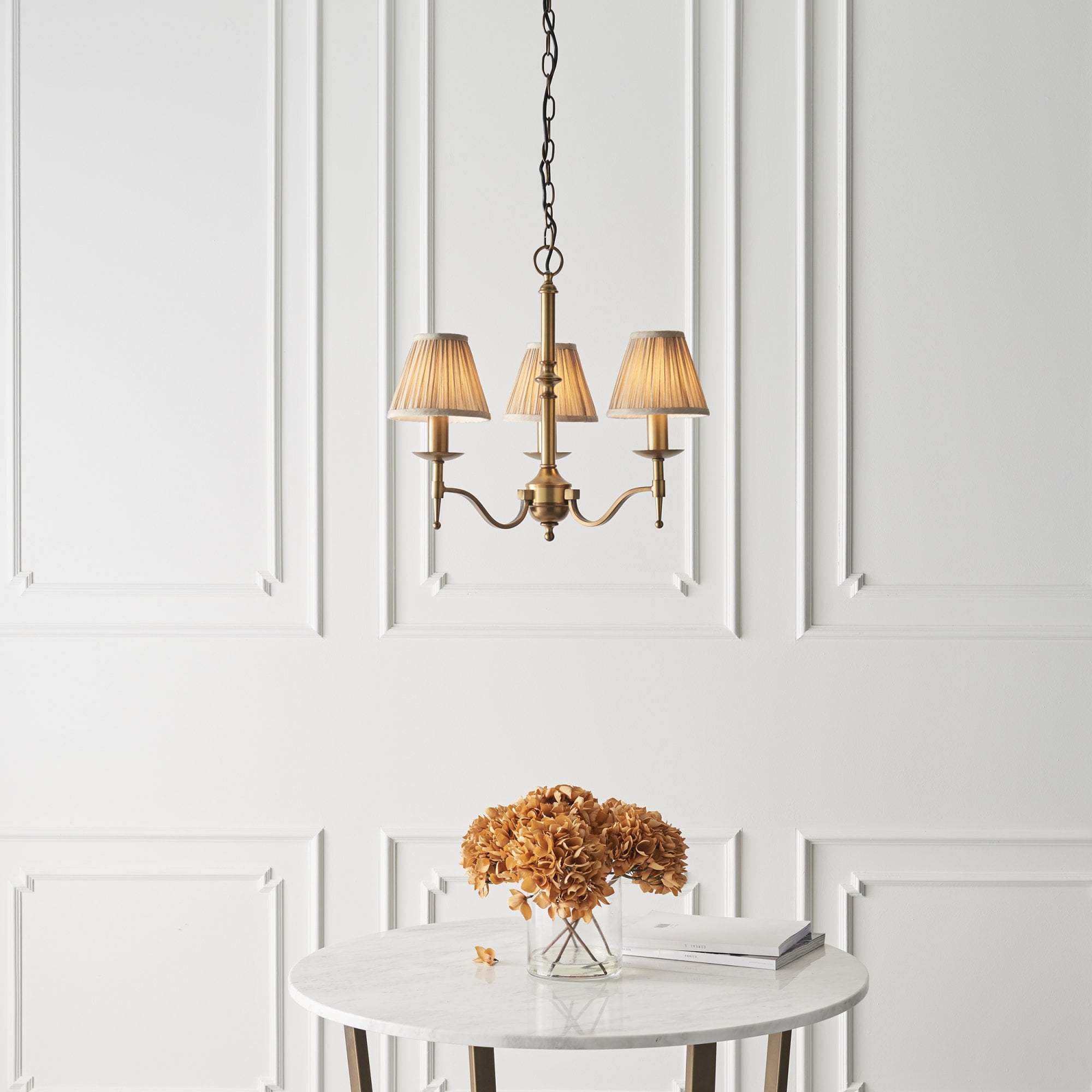 63628 Stanford Antique Brass 3 Light Pendant Beige Shades