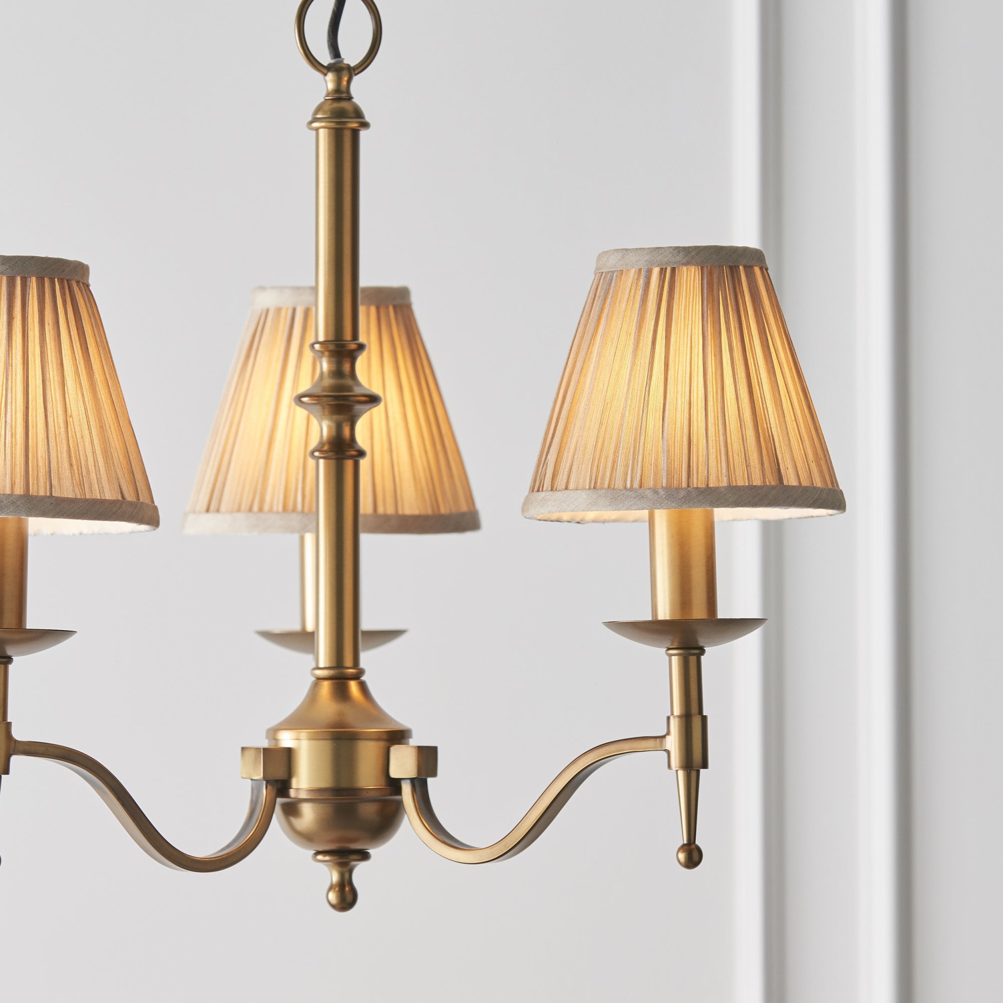63628 Stanford Antique Brass 3 Light Pendant Beige Shades
