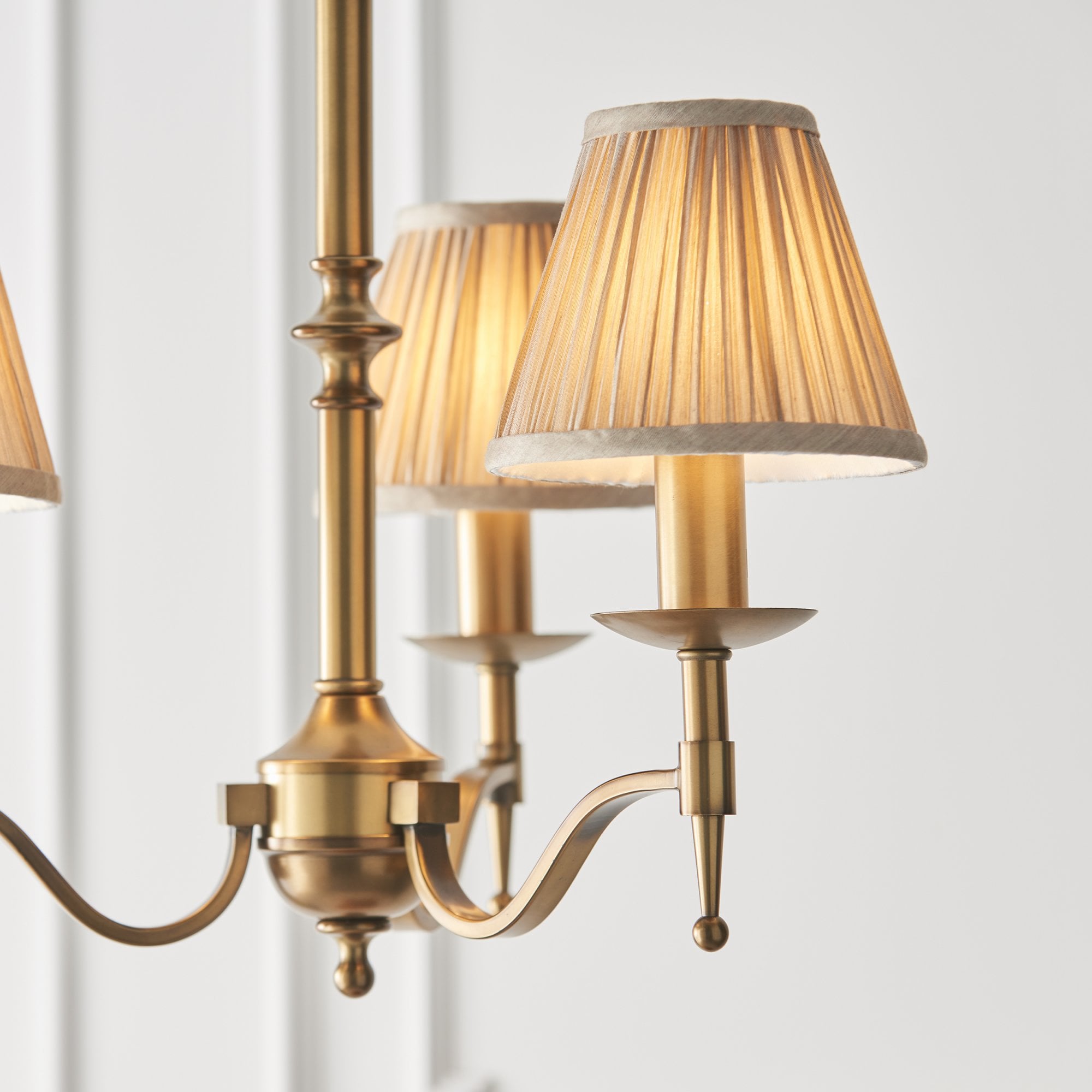 63628 Stanford Antique Brass 3 Light Pendant Beige Shades