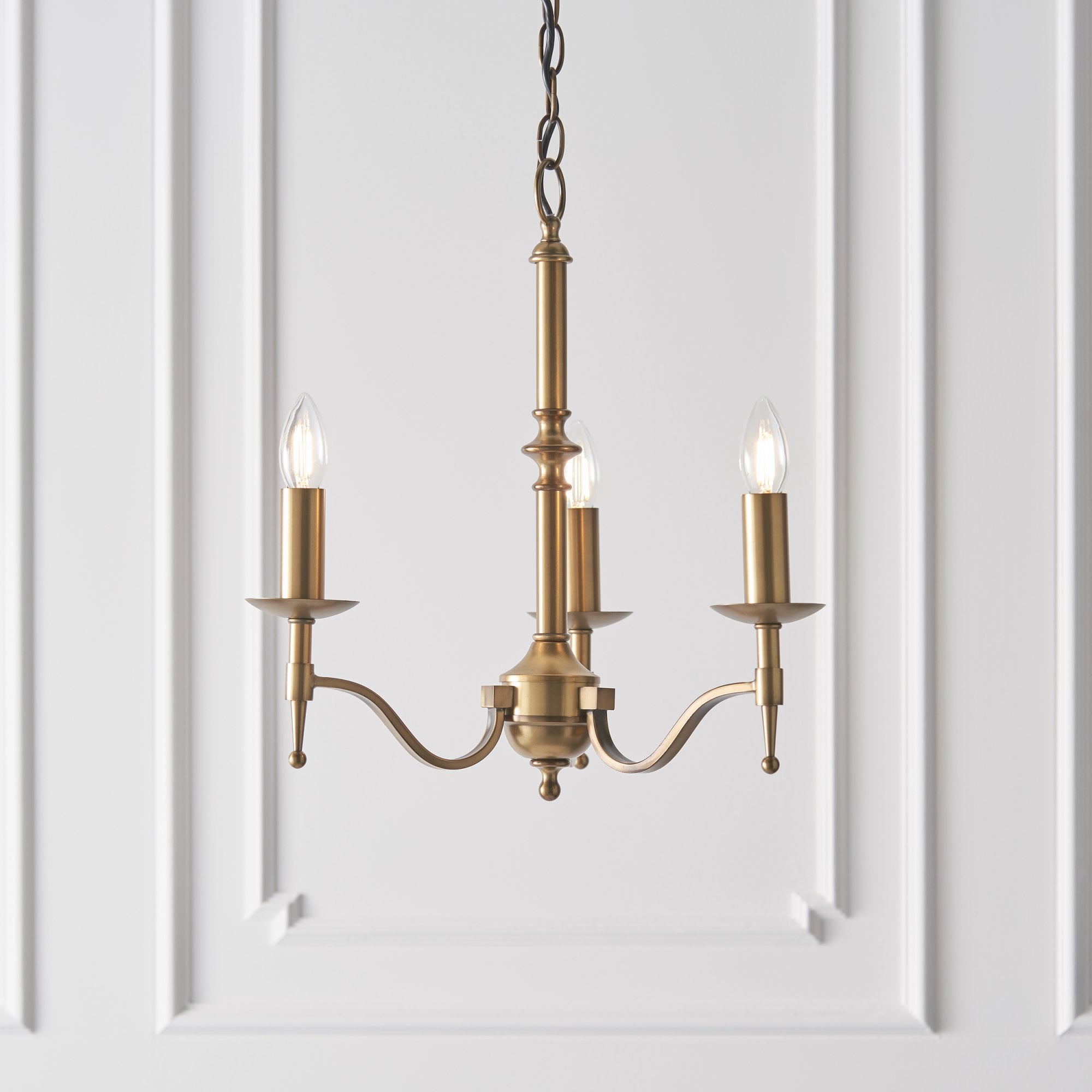 63628 Stanford Antique Brass 3 Light Pendant Beige Shades