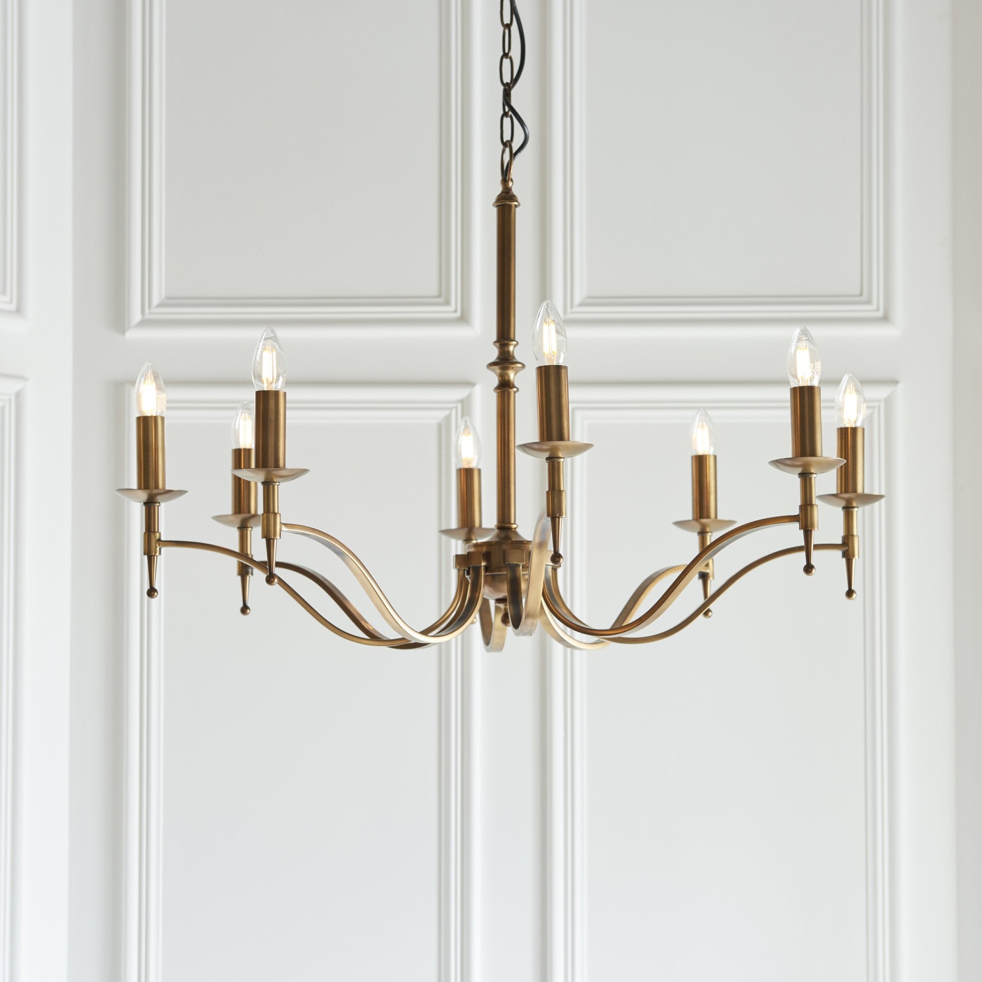 63629 Stanford Antique Brass 8 Light Pendant Beige Shades