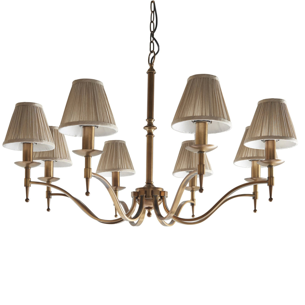 63629 Stanford Antique Brass 8 Light Pendant Beige Shades