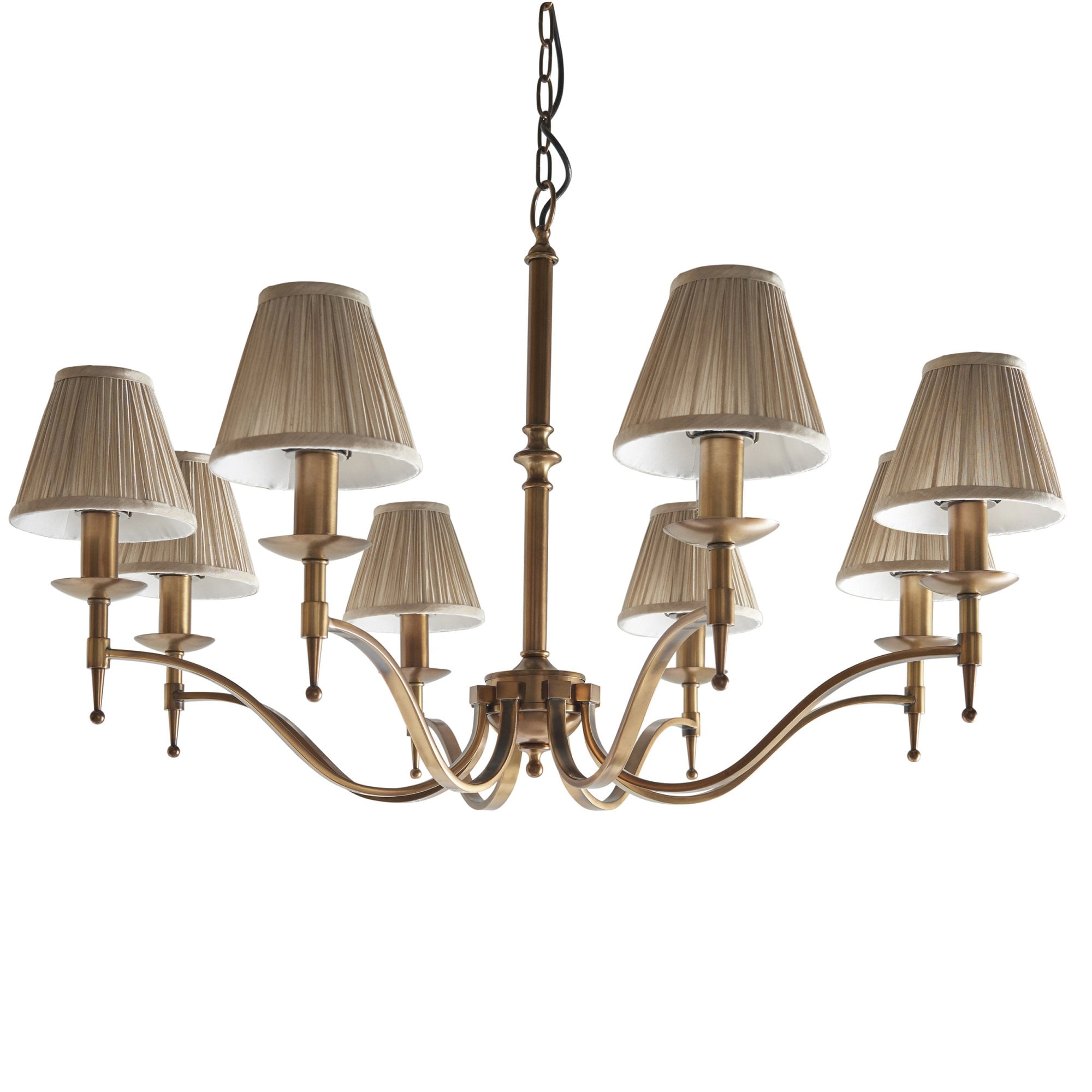 63629 Stanford Antique Brass 8 Light Pendant Beige Shades