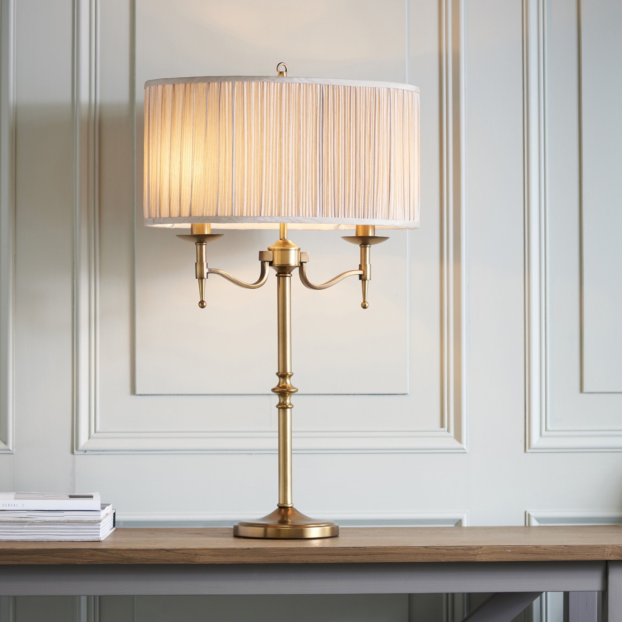 63648 Stanford Antique Brass Table Lamp Beige Shade