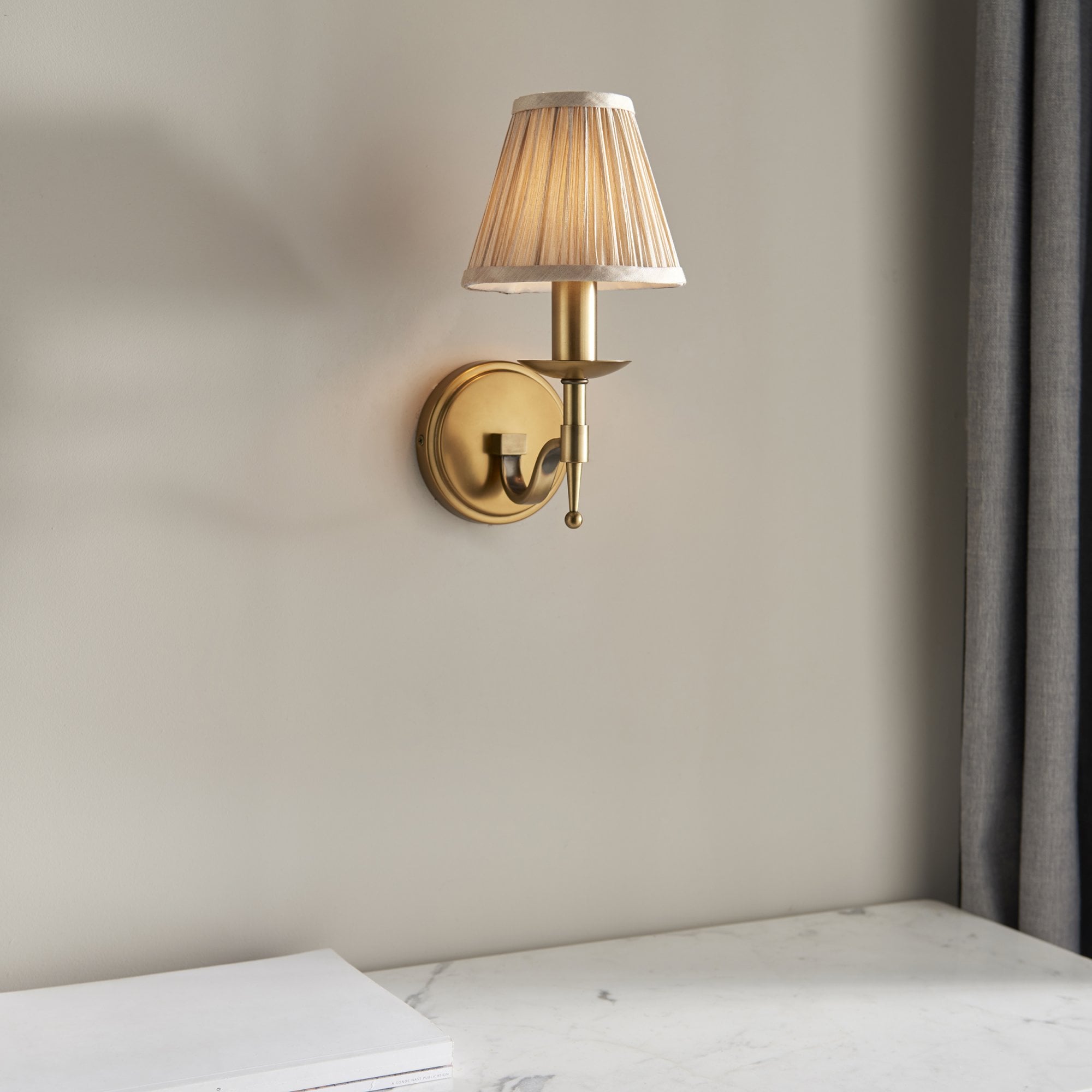 63653 Stanford Antique Brass Single Wall Light Beige Shade