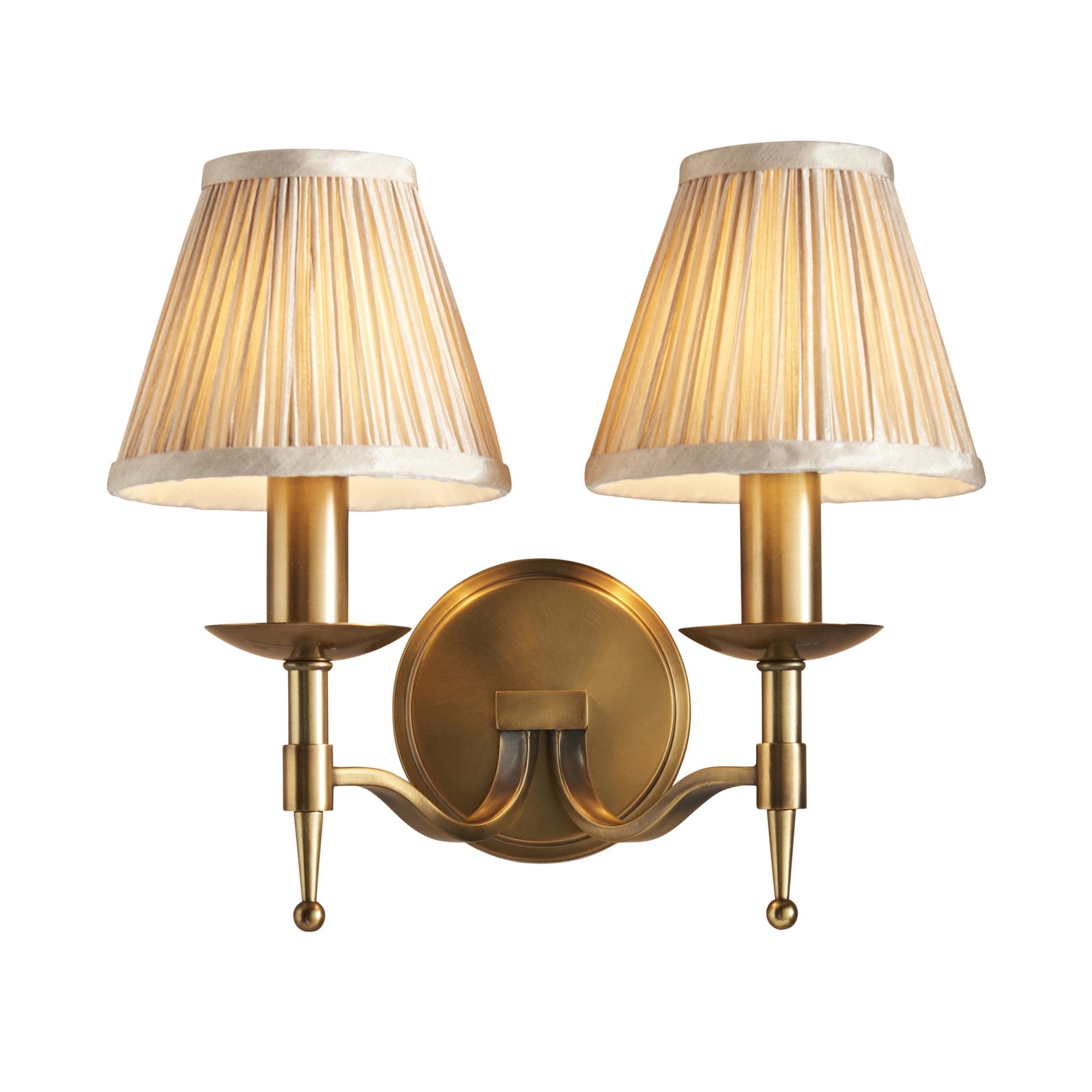 63654 Stanford Antique Brass Twin Wall Light Beige Shades