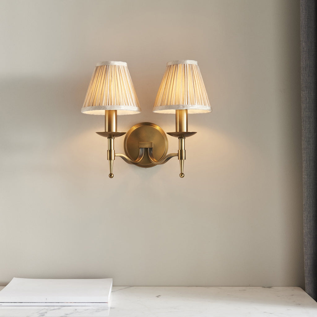 63654 Stanford Antique Brass Twin Wall Light Beige Shades