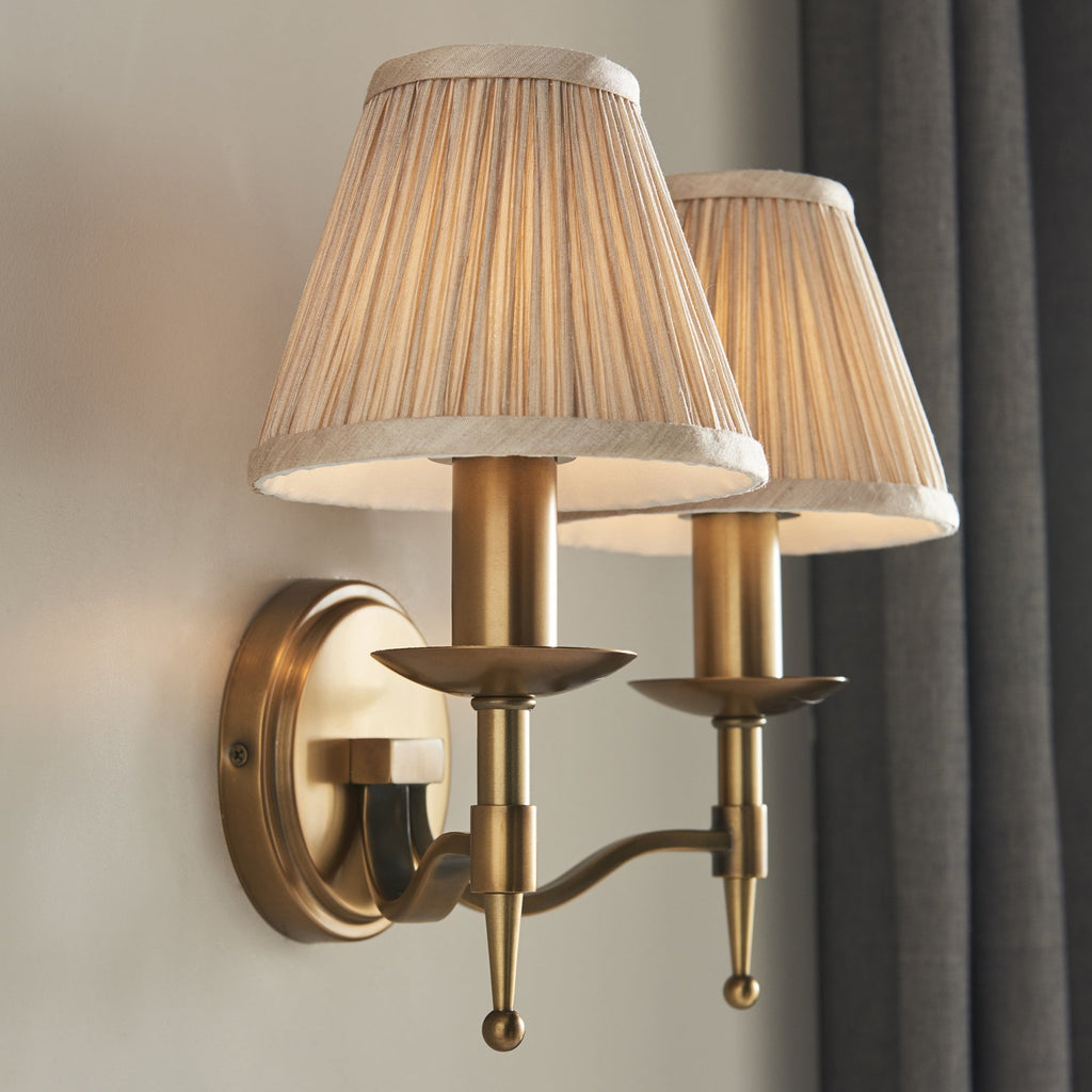 63654 Stanford Antique Brass Twin Wall Light Beige Shades