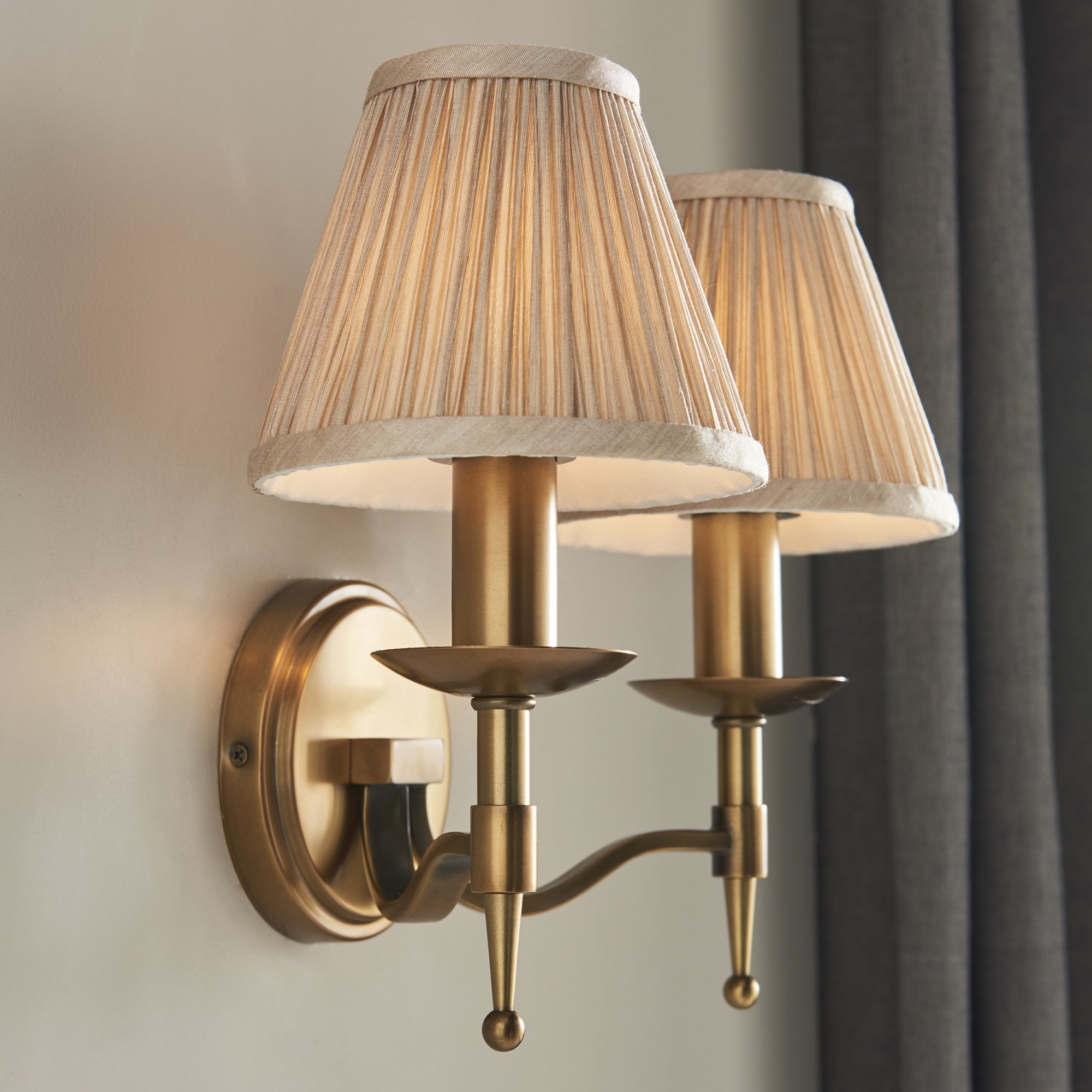 63654 Stanford Antique Brass Twin Wall Light Beige Shades