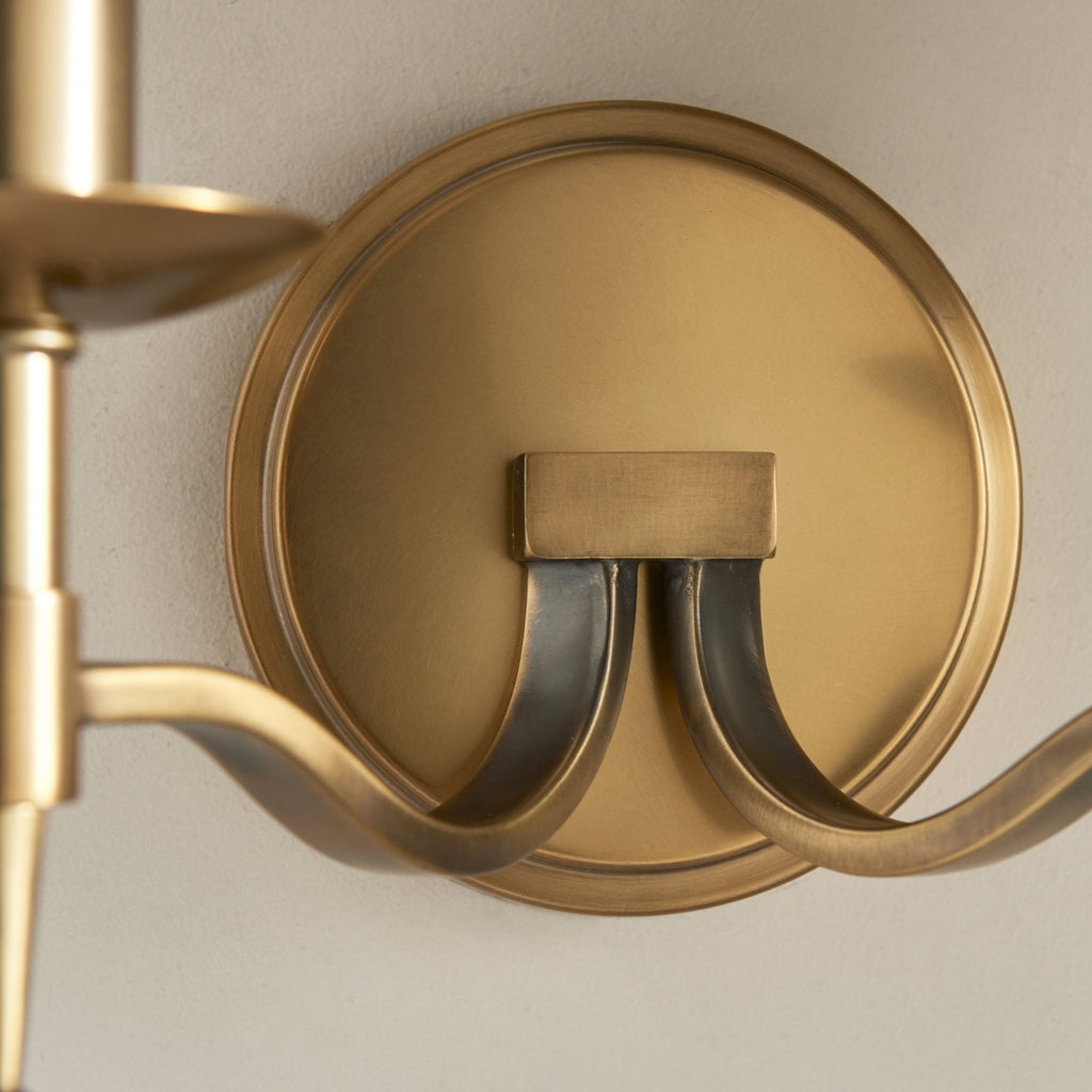63654 Stanford Antique Brass Twin Wall Light Beige Shades