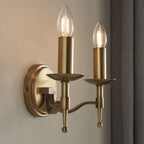 63654 Stanford Antique Brass Twin Wall Light Beige Shades
