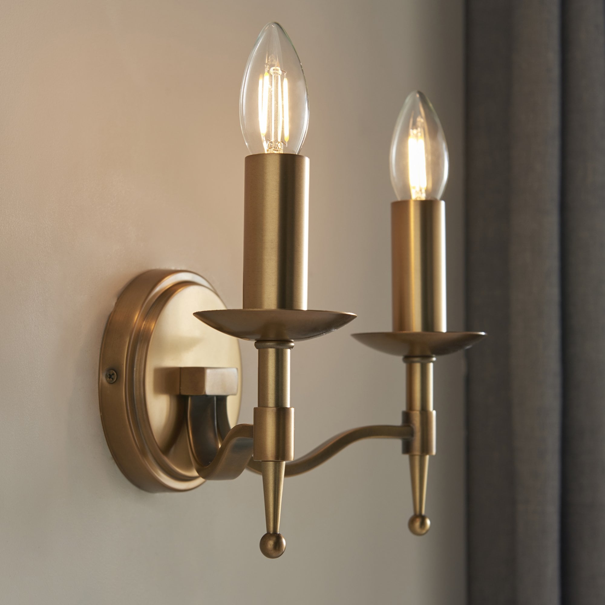63654 Stanford Antique Brass Twin Wall Light Beige Shades