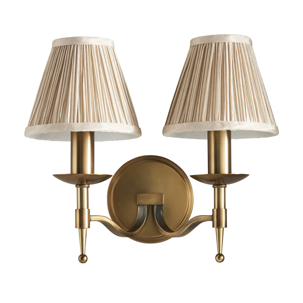 63654 Stanford Antique Brass Twin Wall Light Beige Shades
