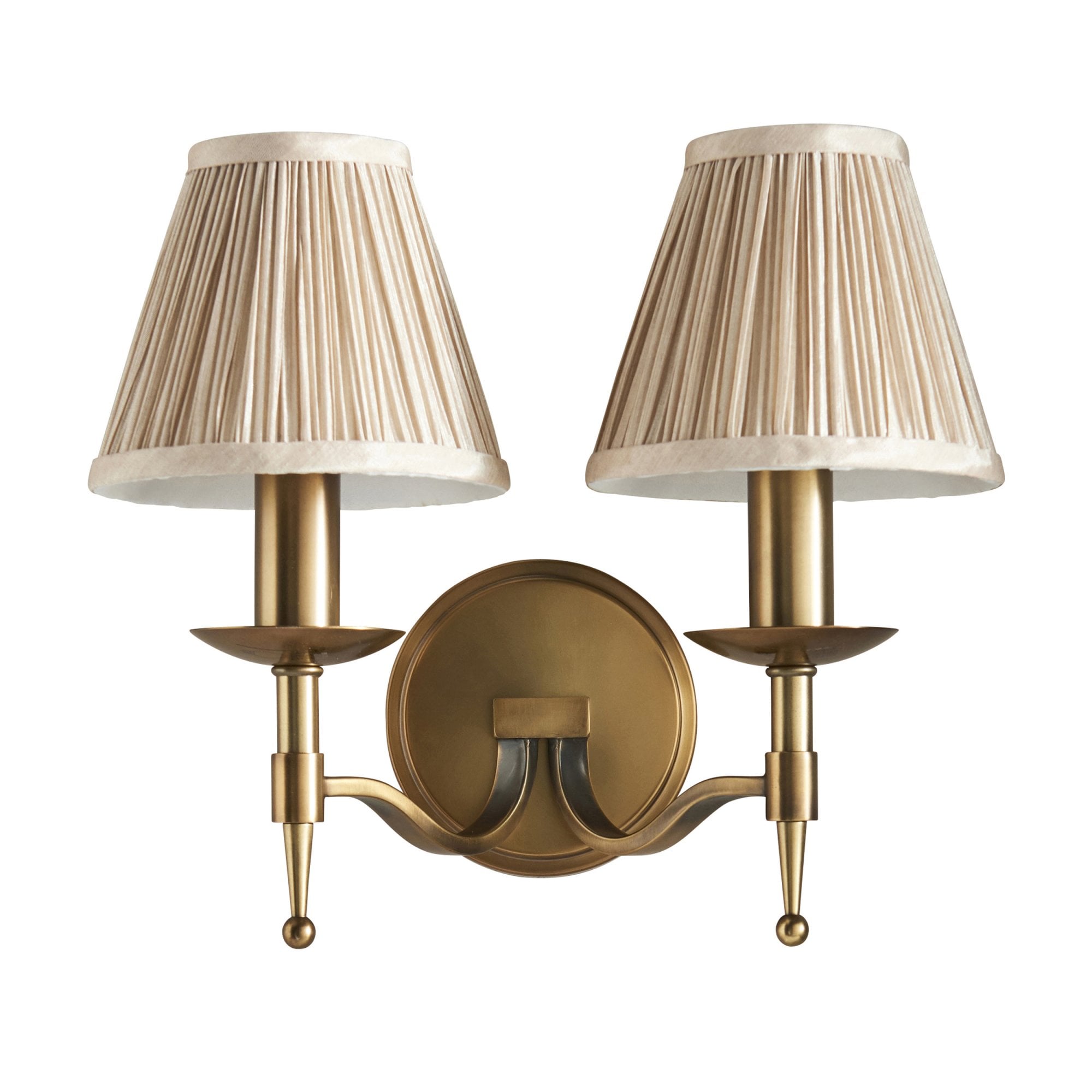 63654 Stanford Antique Brass Twin Wall Light Beige Shades