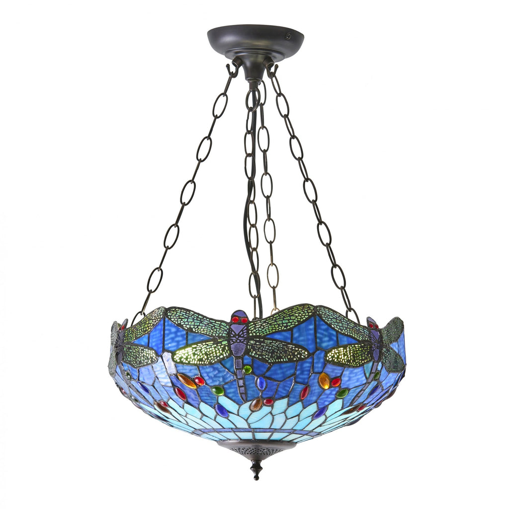 64075 Dragonfly Blue Tiffany Medium Inverted 3 Light Pendant
