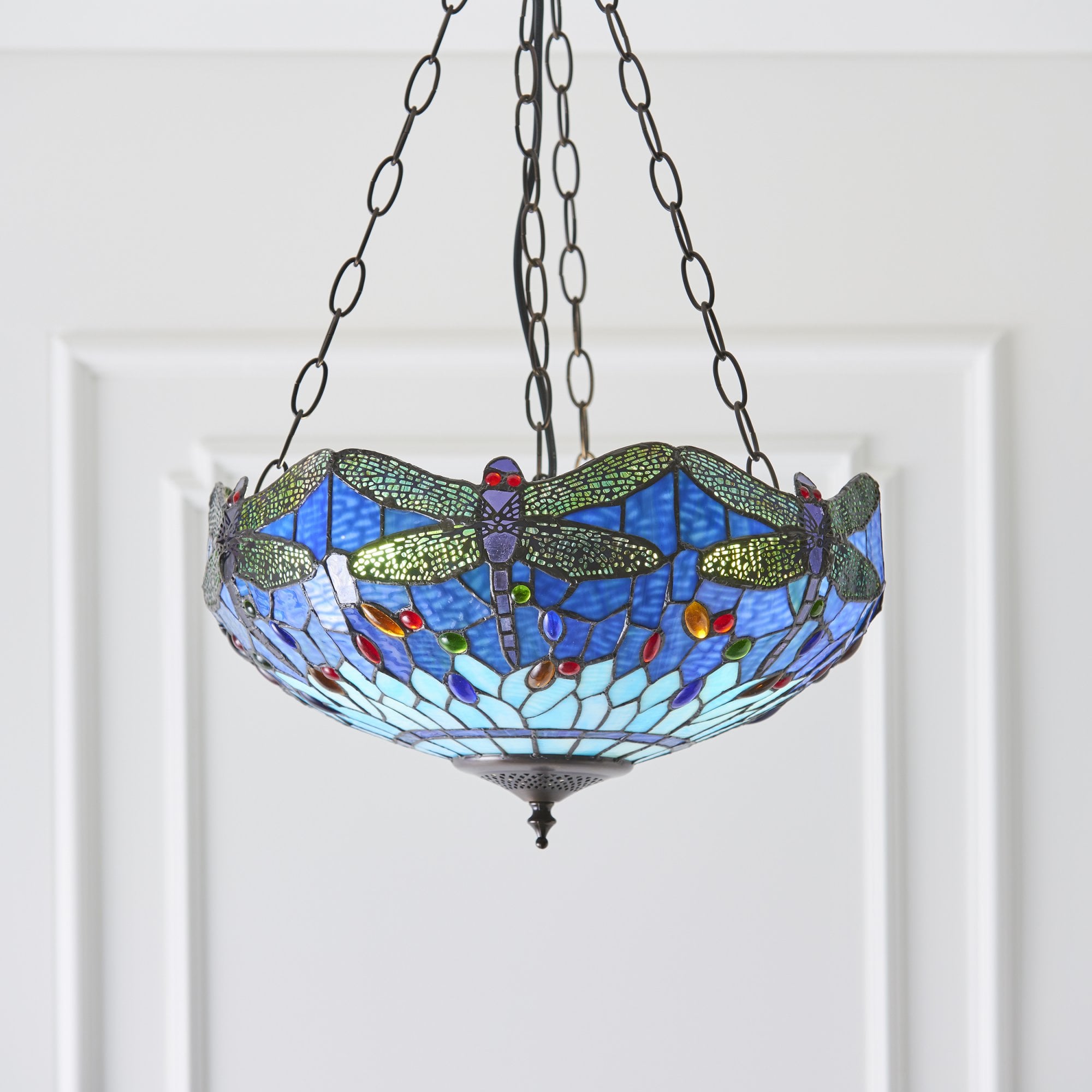 64075 Dragonfly Blue Tiffany Medium Inverted 3 Light Pendant