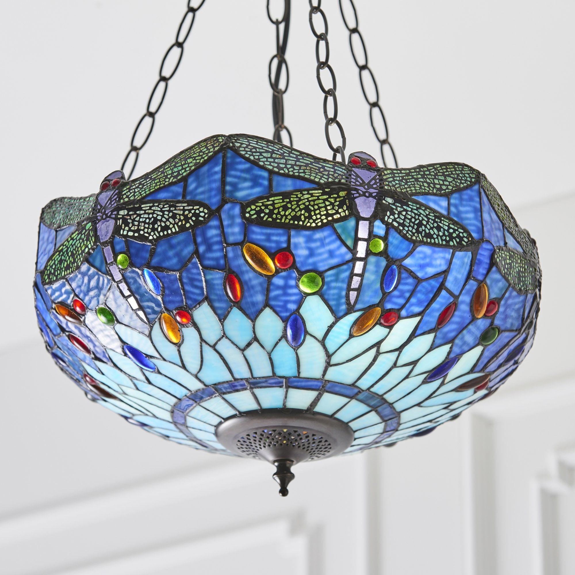 64075 Dragonfly Blue Tiffany Medium Inverted 3 Light Pendant