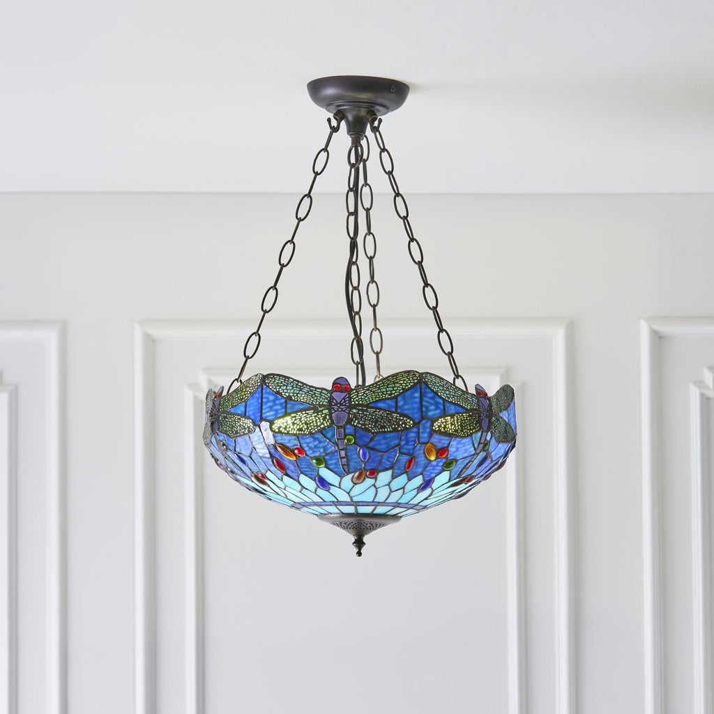 64075 Dragonfly Blue Tiffany Medium Inverted 3 Light Pendant