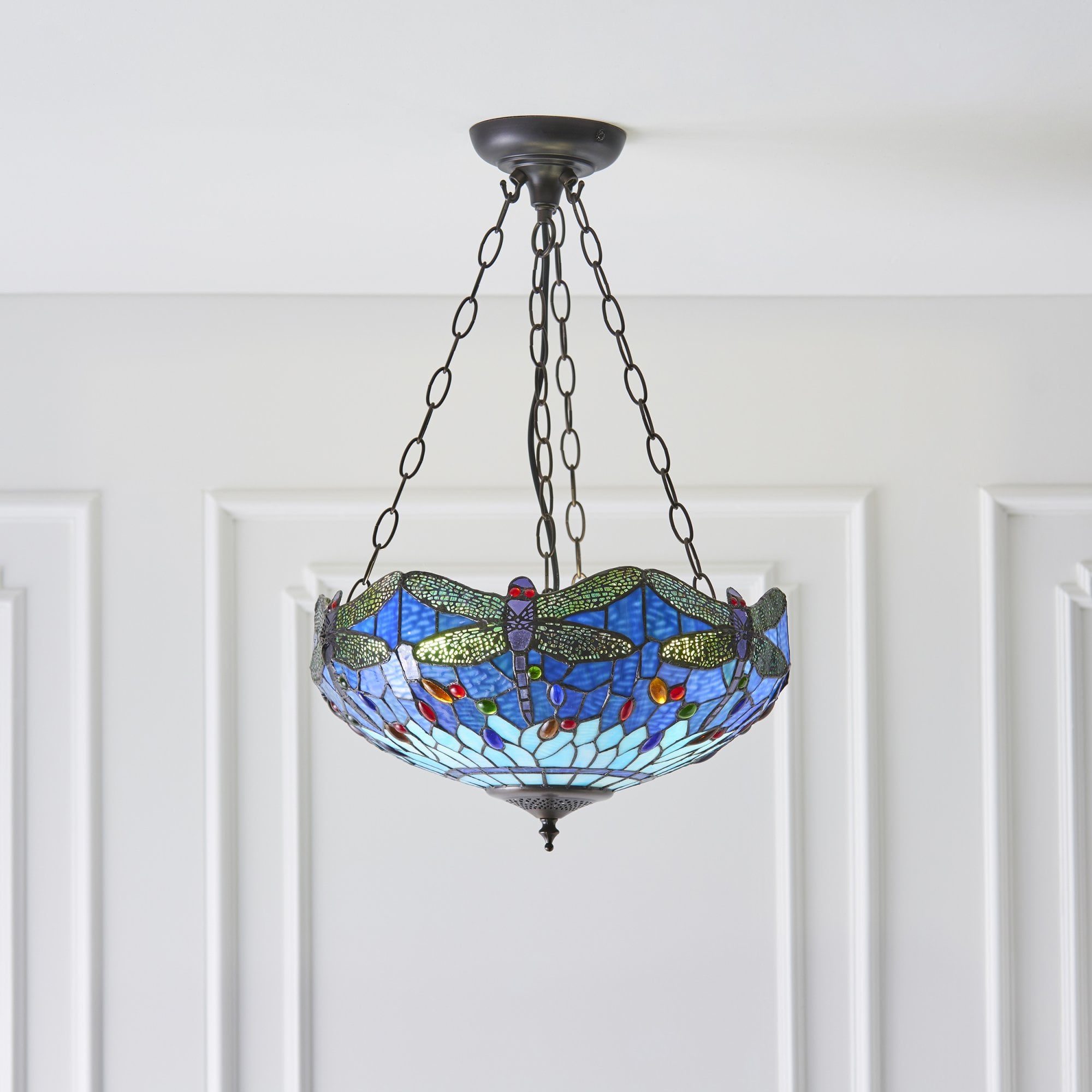 64075 Dragonfly Blue Tiffany Medium Inverted 3 Light Pendant