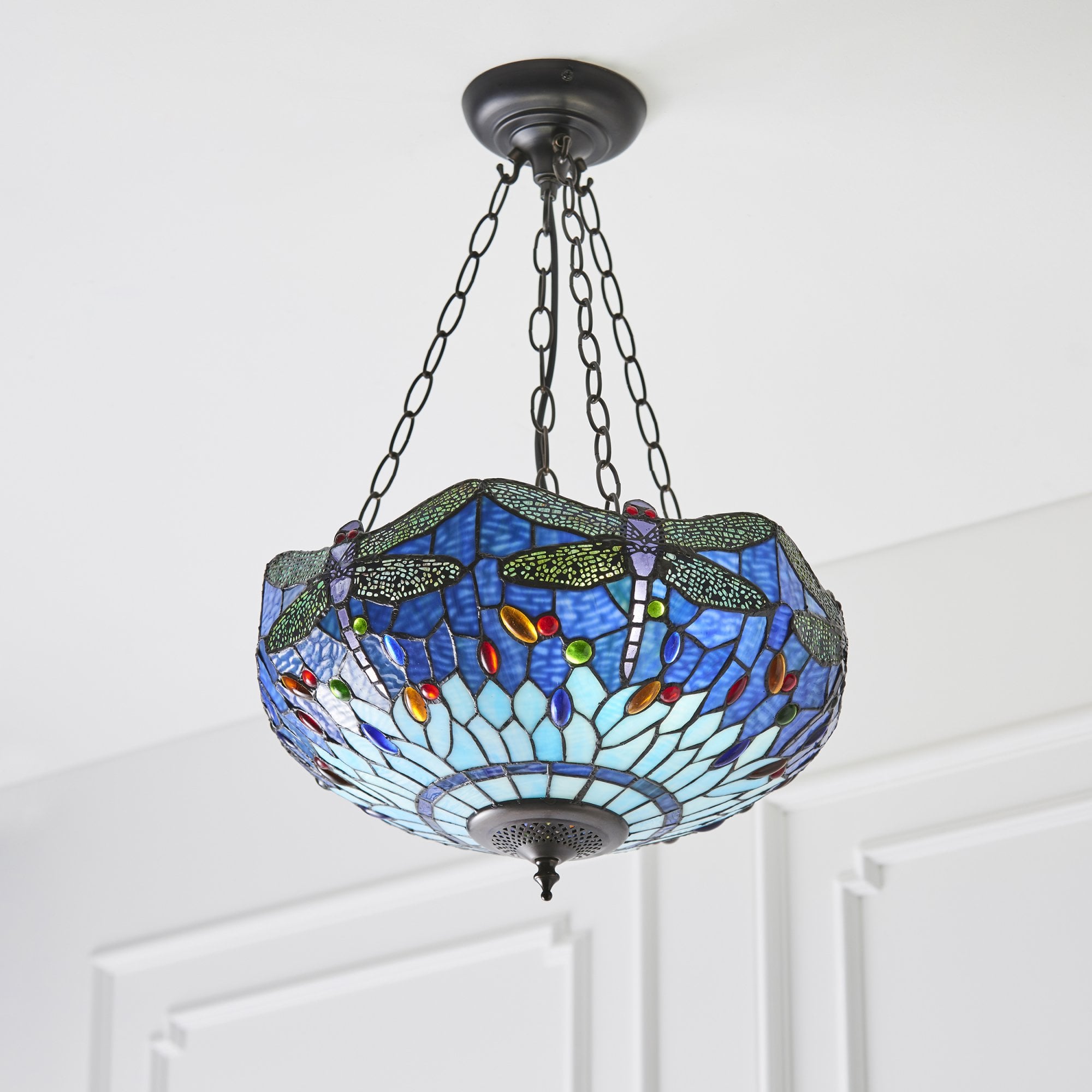 64075 Dragonfly Blue Tiffany Medium Inverted 3 Light Pendant