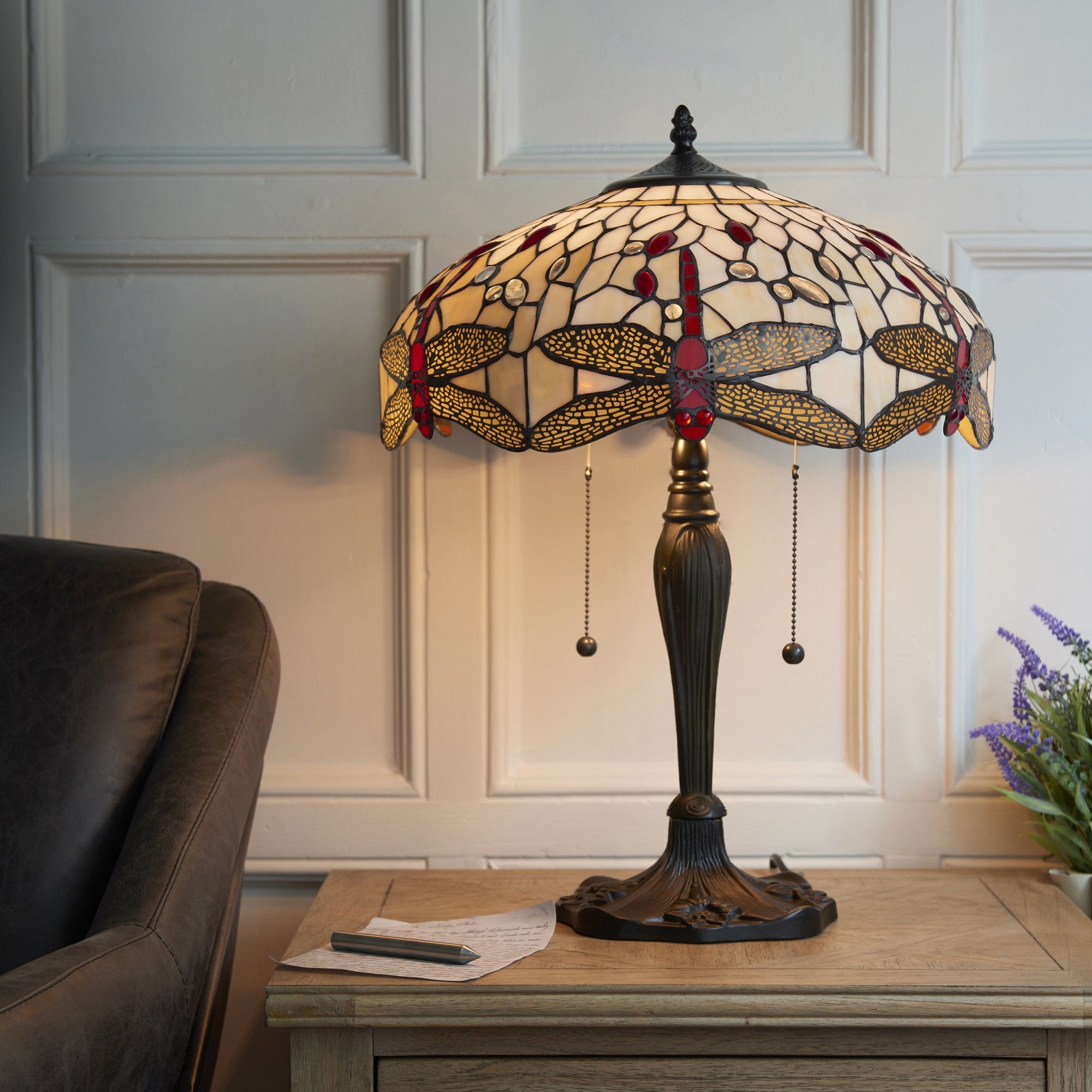 64085 Dragonfly Beige Tiffany Medium Table Lamp