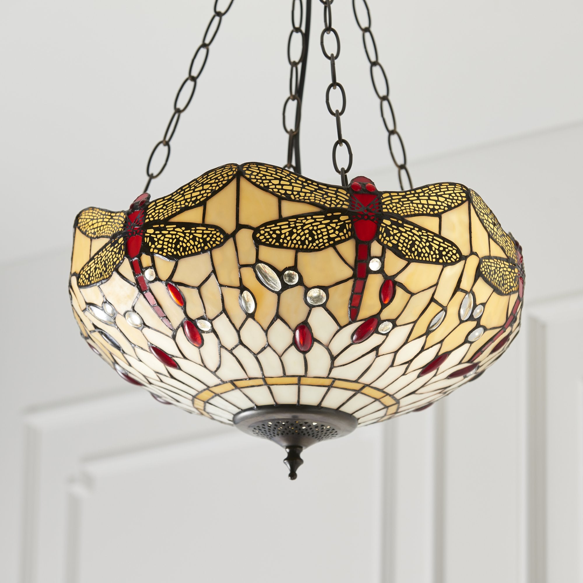 70759 Dragonfly Beige Tiffany Medium Inverted 3 Light Pendant