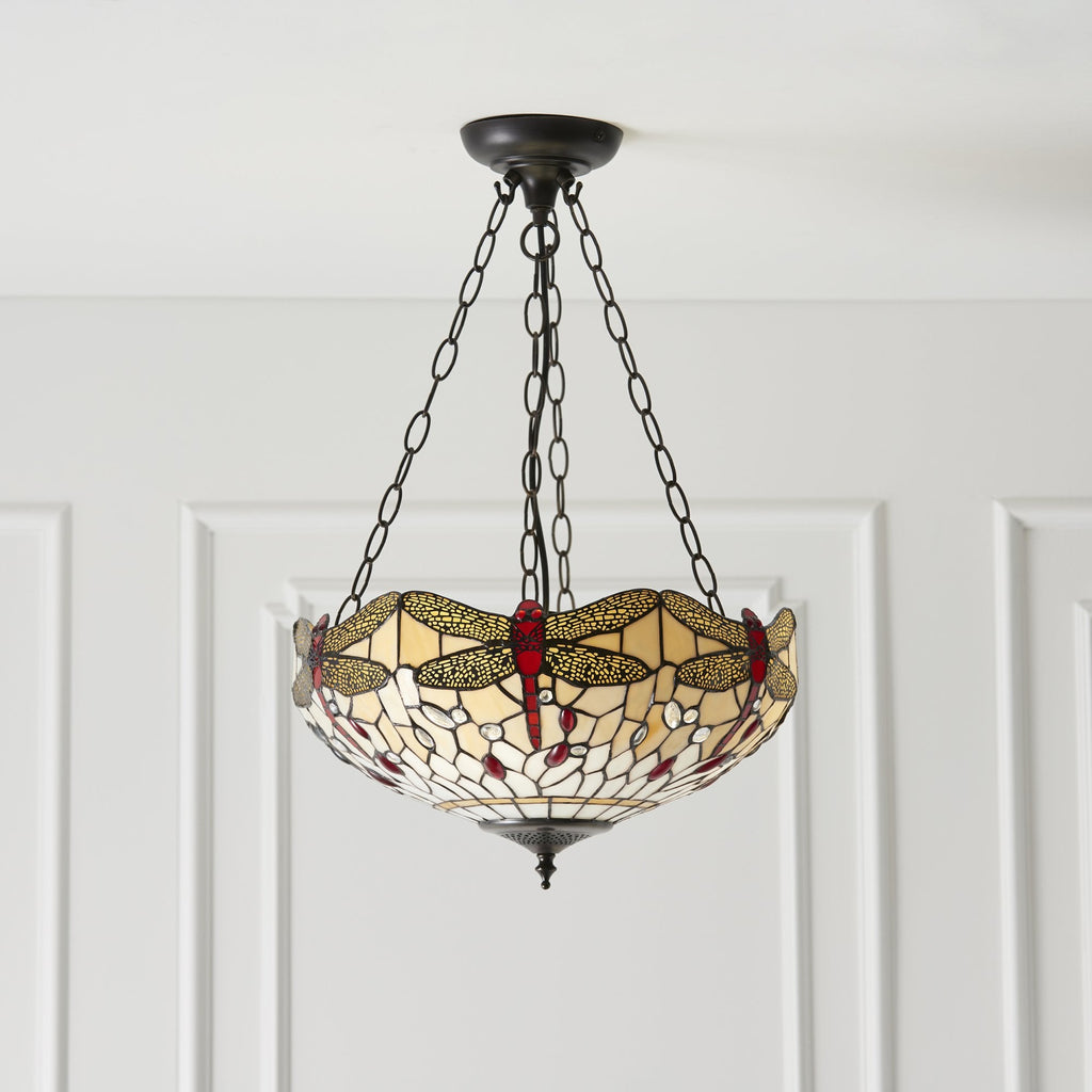 70759 Dragonfly Beige Tiffany Medium Inverted 3 Light Pendant