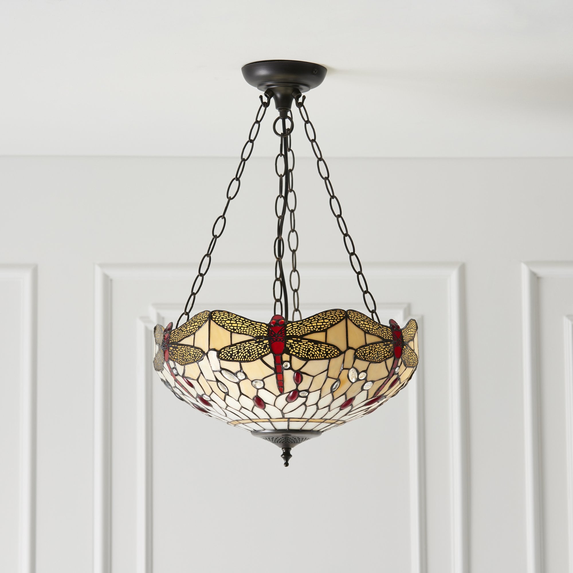 70759 Dragonfly Beige Tiffany Medium Inverted 3 Light Pendant