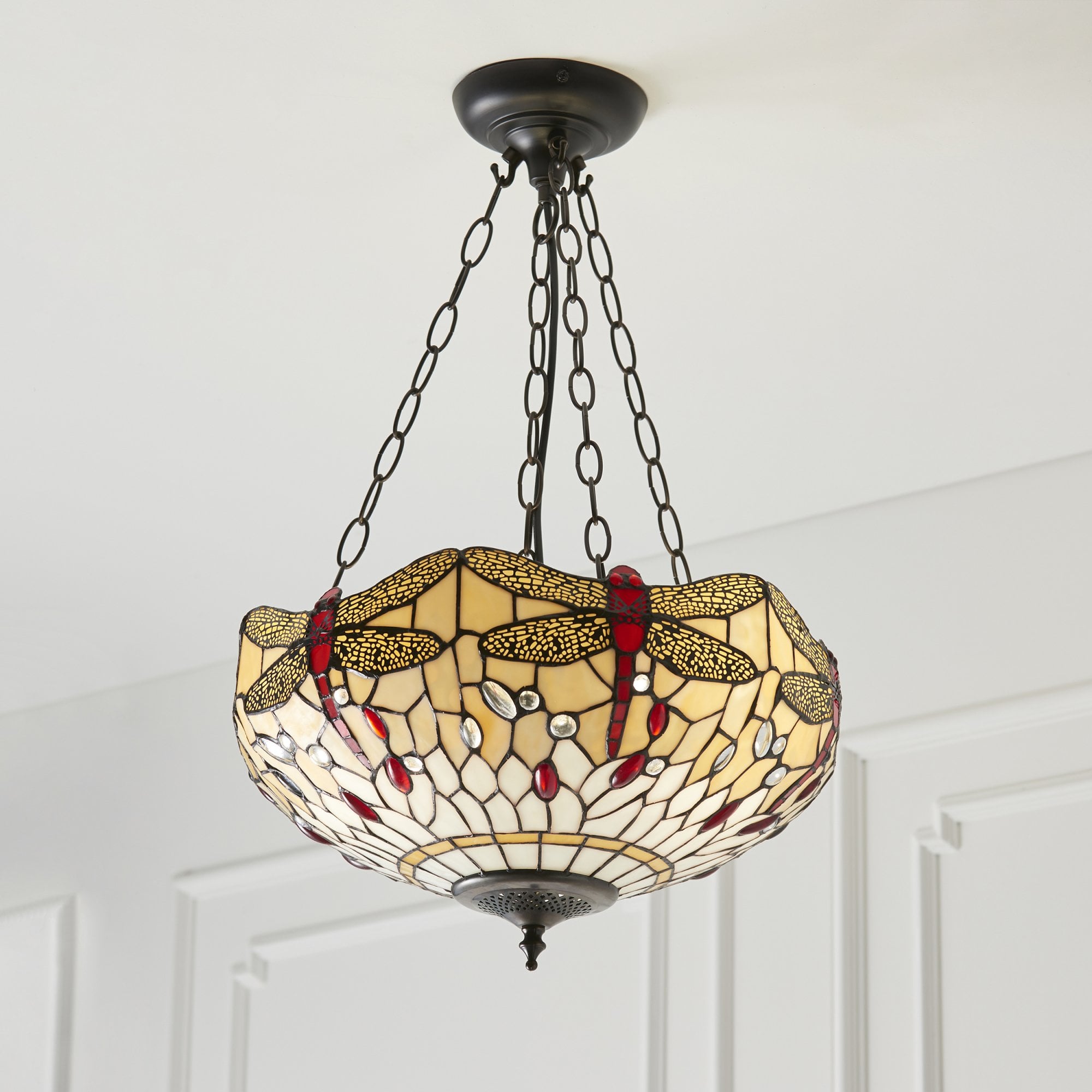 70759 Dragonfly Beige Tiffany Medium Inverted 3 Light Pendant