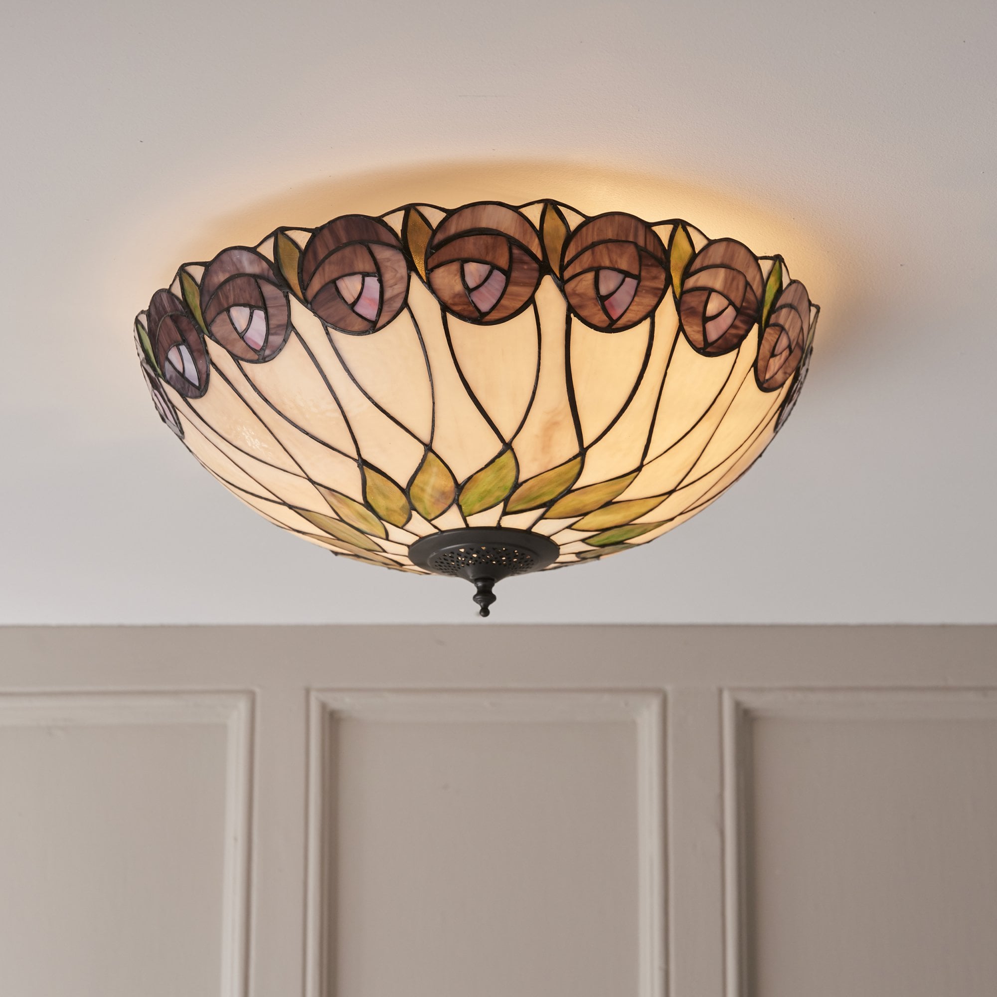 64173 Hutchinson Large 2 Light Flush Tiffany Style Glass Bronze