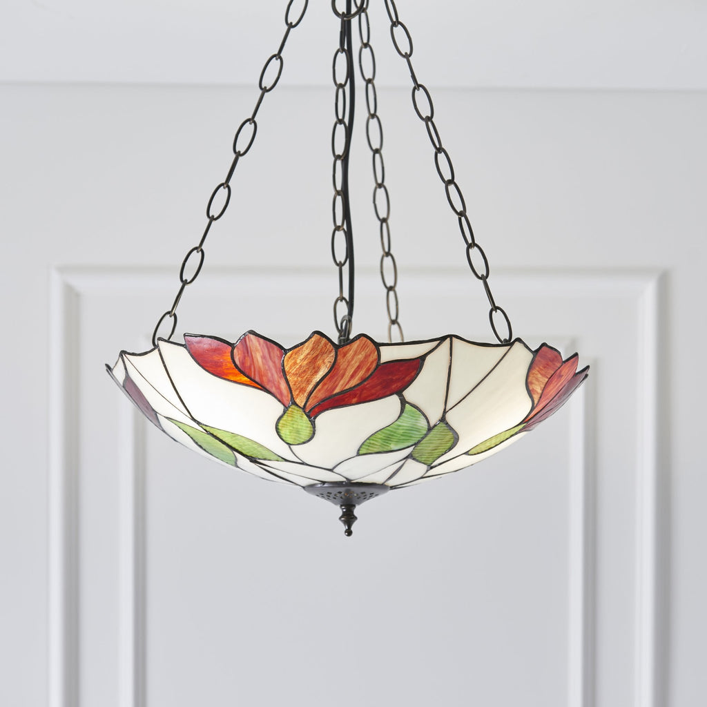 70946 Botanica Inverted 3 Light Pendant Tiffany Style Glass Bronze